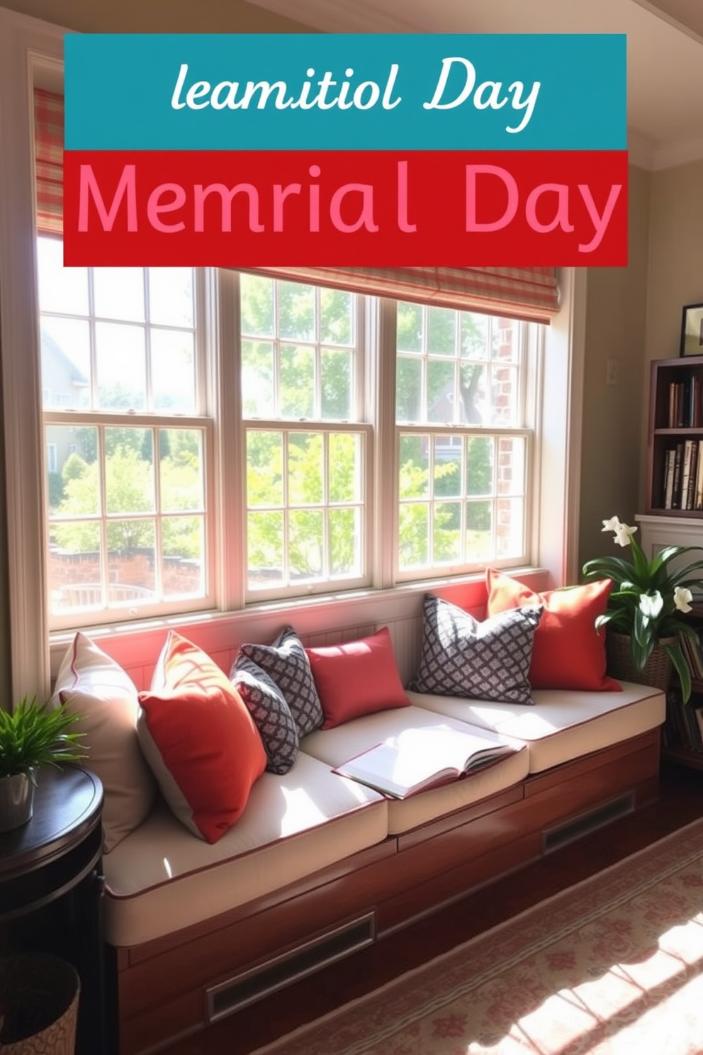 A cozy reading nook features a cushioned window seat adorned with bright, colorful cushions that invite relaxation. Sunlight streams through the large window, illuminating the space and creating a warm, inviting atmosphere perfect for Memorial Day reading.