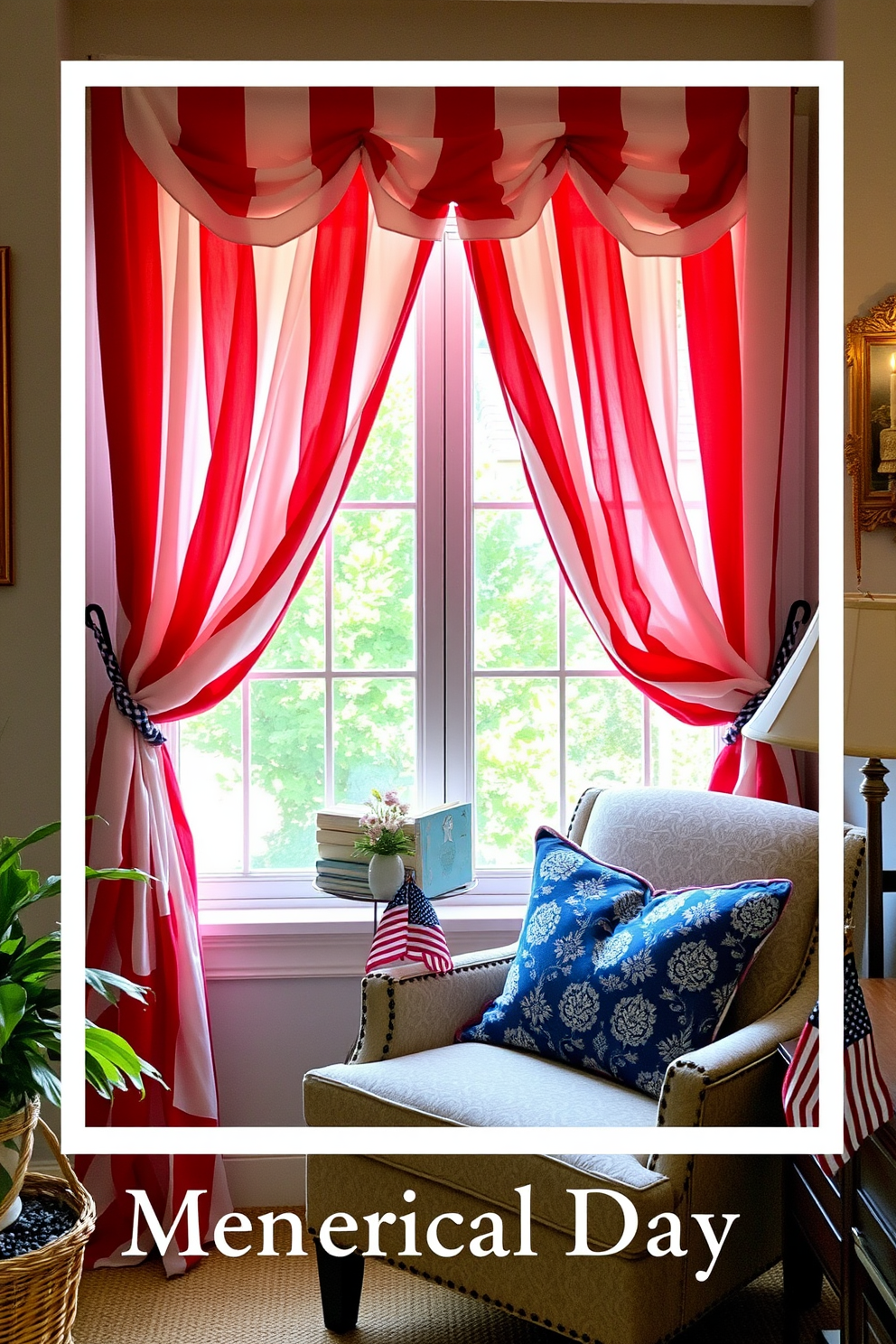 A cozy reading nook adorned with framed family photos in patriotic frames. The nook features a comfortable armchair with a soft throw blanket draped over it, inviting relaxation and reflection. A small side table holds a stack of books and a vintage lamp that casts a warm glow. The walls are painted in soft blue tones, complementing the red and white accents of the frames.