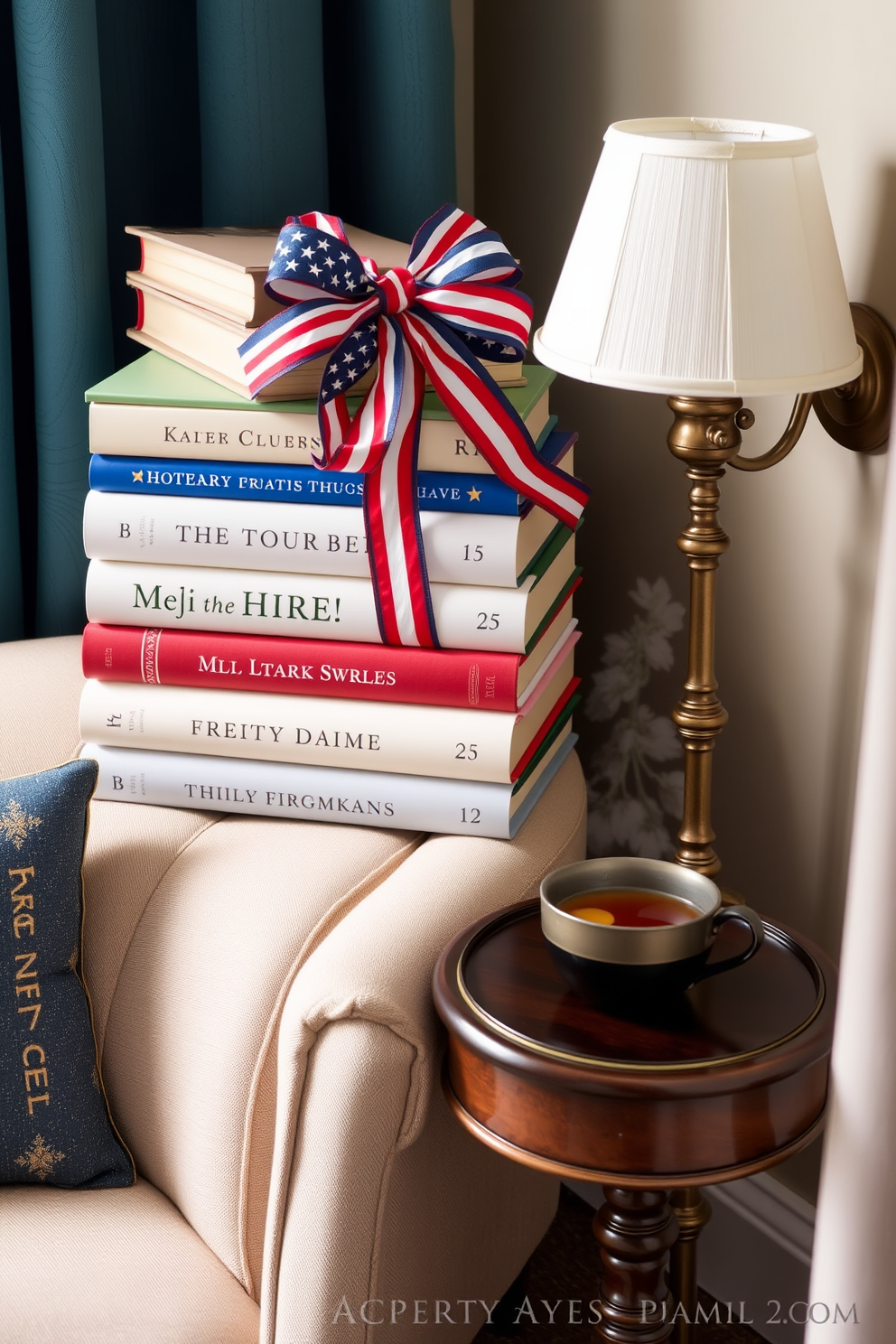 A cozy reading nook featuring a personalized book stack adorned with a patriotic ribbon. The nook is accented with a comfortable armchair upholstered in soft fabric, and a small side table holds a steaming cup of tea.