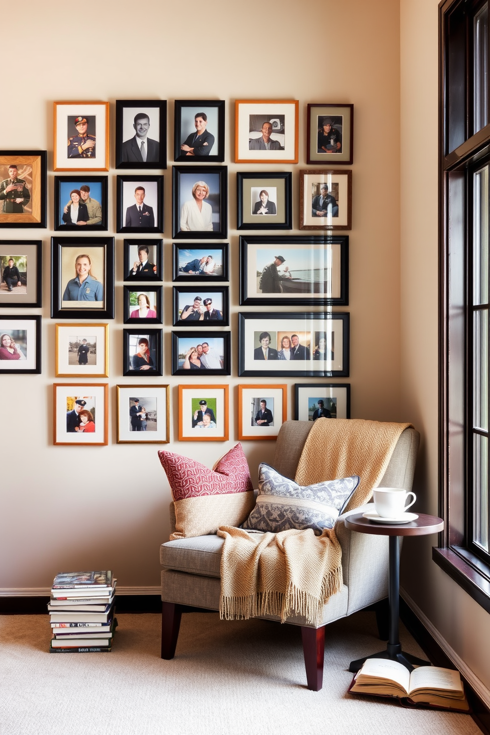 A gallery wall features an array of family military photos framed in various styles and colors. The arrangement tells a story of service and sacrifice, creating a focal point that honors family history. The reading nook is designed with a cozy armchair positioned next to a large window. Soft cushions and a warm throw blanket invite relaxation, while a small side table holds a stack of books and a steaming cup of tea.