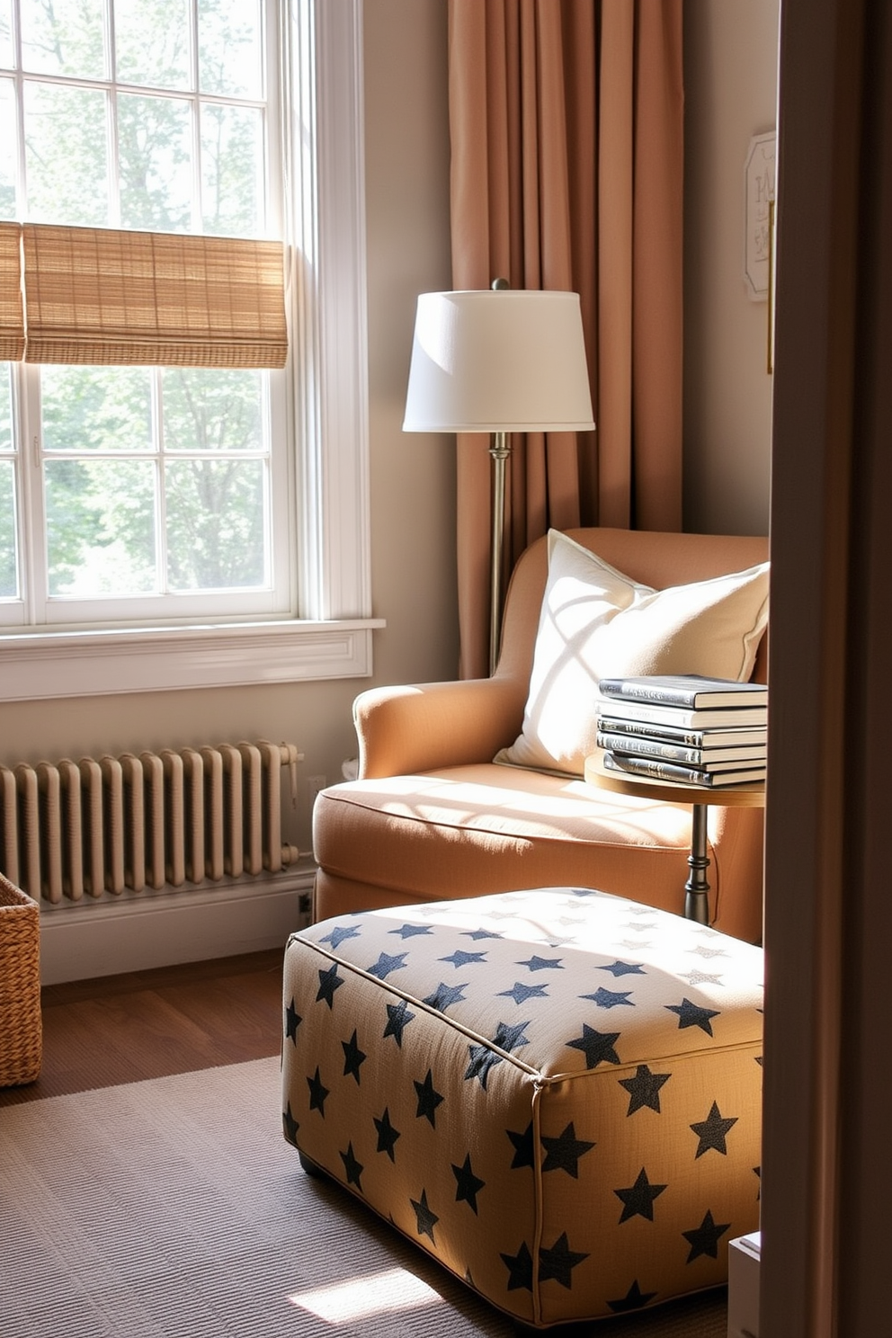 A cozy reading nook adorned with a comfortable armchair and a plush throw blanket. A stylish reading lamp with a warm glow stands beside the chair, creating an inviting atmosphere for relaxation. The nook is framed by a large window that allows natural light to filter in. Decorative cushions in soft hues complement the serene ambiance, while a small bookshelf filled with favorite novels adds a personal touch.