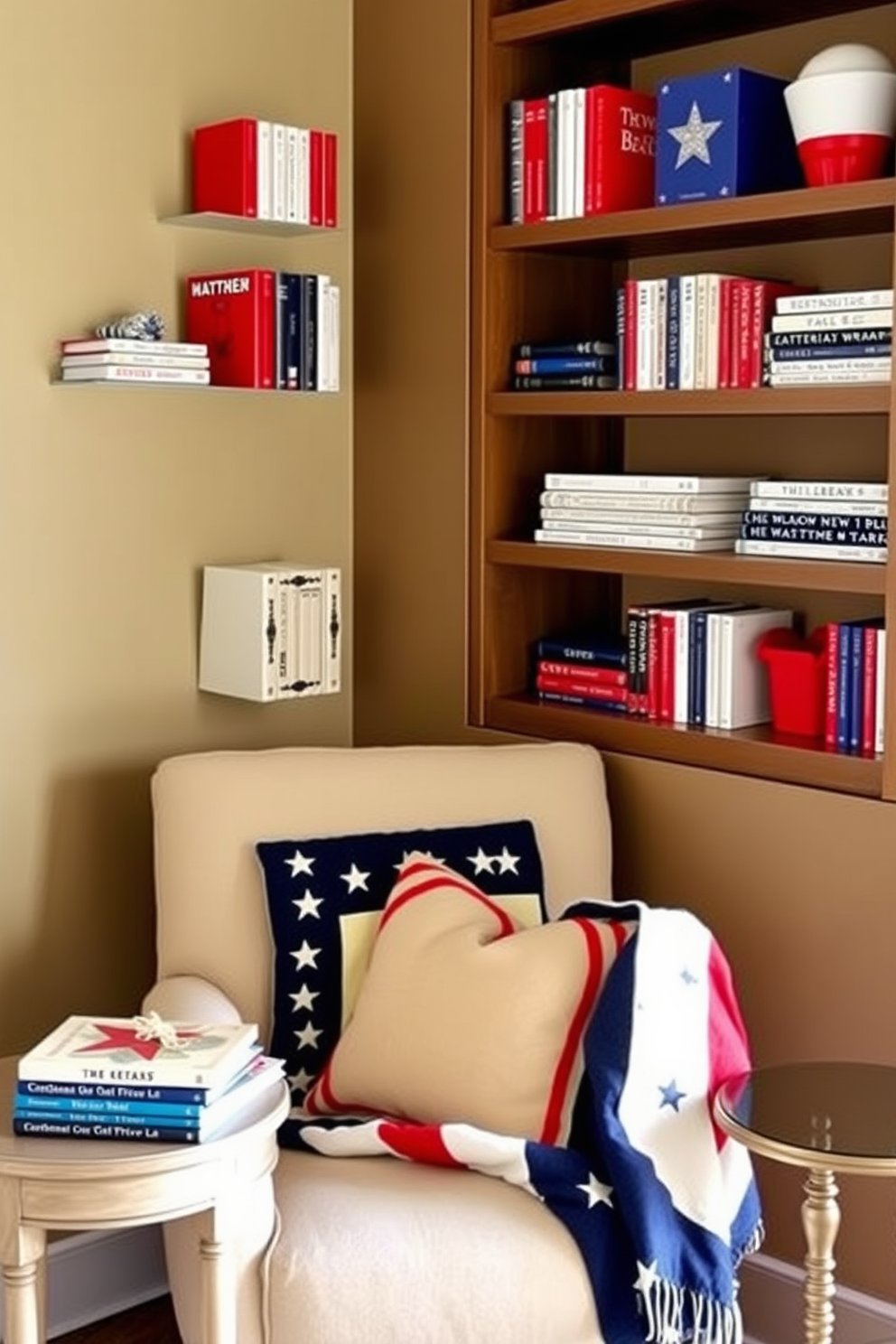 A cozy reading nook featuring shelves adorned with red white and blue bookends. The space is enhanced by a comfortable armchair draped with a patriotic throw blanket and a small side table holding a stack of books.