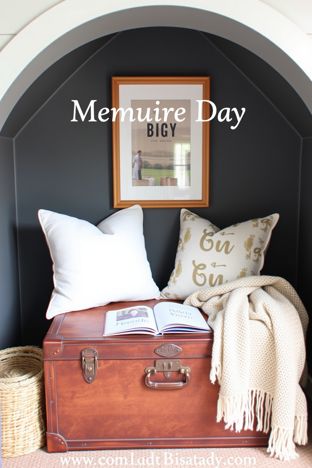 A cozy reading nook featuring a vintage trunk for hidden storage. The nook is adorned with soft cushions and a warm throw blanket, inviting relaxation on Memorial Day.