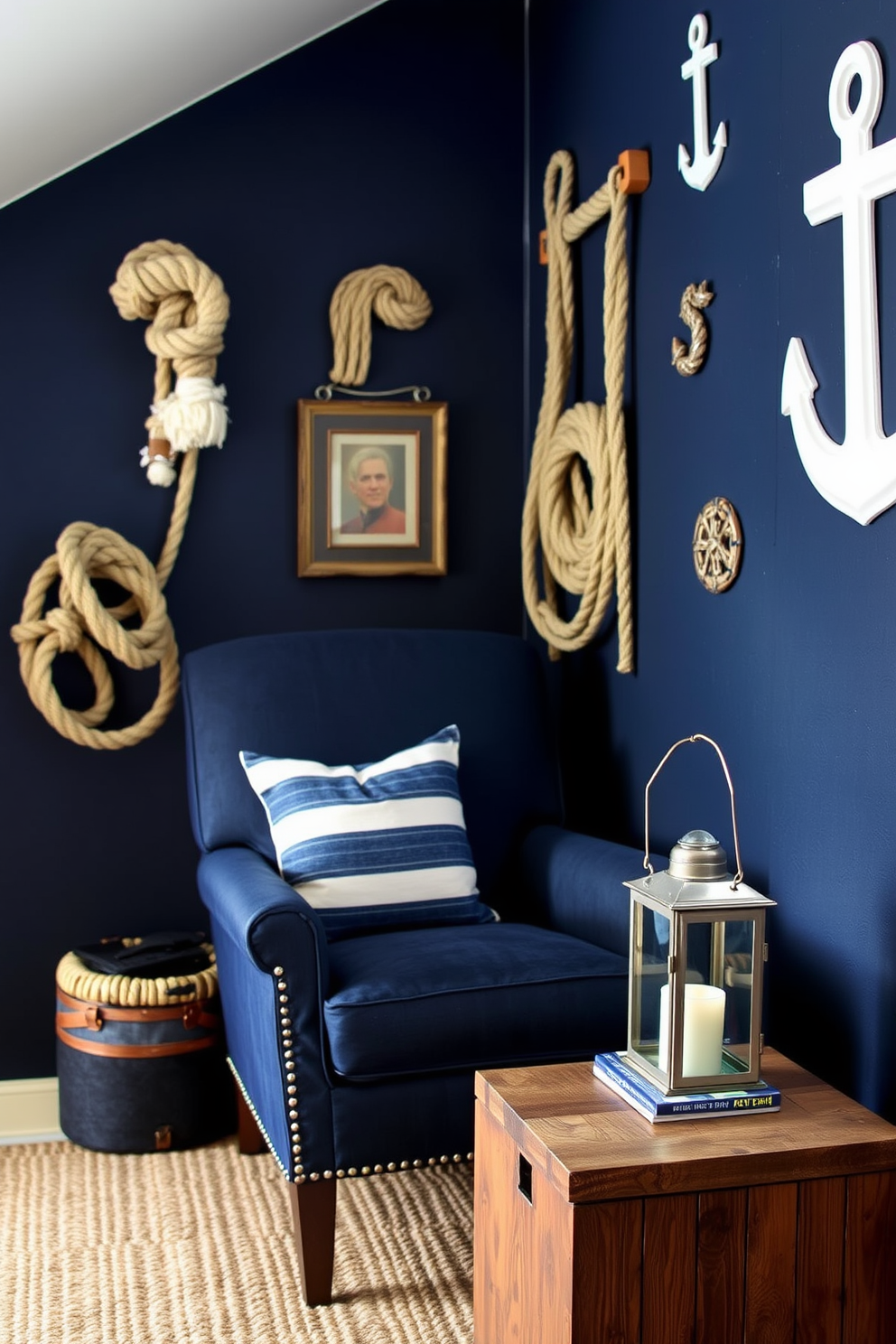 A cozy reading nook inspired by nautical themes. The walls are adorned with ropes and anchors, creating a maritime atmosphere. A comfortable armchair upholstered in navy blue fabric sits in the corner. A small side table made of reclaimed wood holds a stack of books and a decorative lantern.