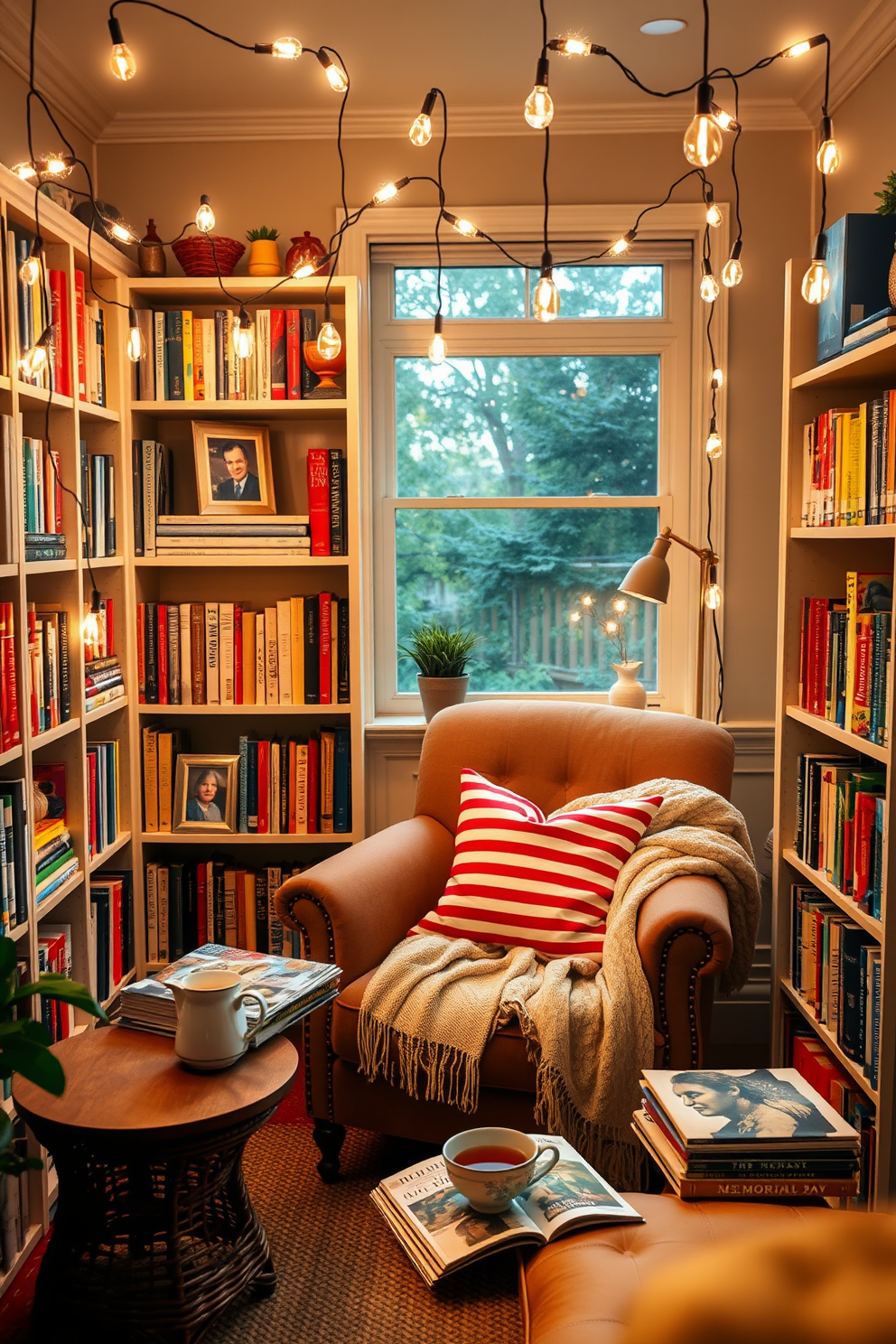 A cozy reading nook adorned with hanging string lights creates a warm and inviting atmosphere. The nook features a plush armchair surrounded by bookshelves filled with colorful books and decorative items. Soft cushions and a lightweight throw blanket are draped over the armchair, inviting relaxation. A small side table holds a steaming cup of tea and a stack of magazines, perfect for a leisurely Memorial Day afternoon.