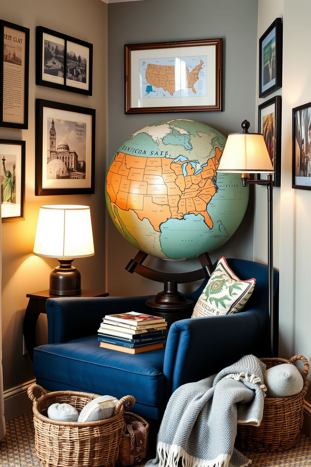 A cozy reading nook designed around a decorative globe featuring the United States. The space includes a plush armchair in deep blue fabric, a small side table with a stack of books, and soft lighting from a vintage floor lamp. The walls are adorned with framed maps and photographs of iconic American landmarks. A woven basket sits in the corner, filled with cozy blankets and pillows for added comfort.