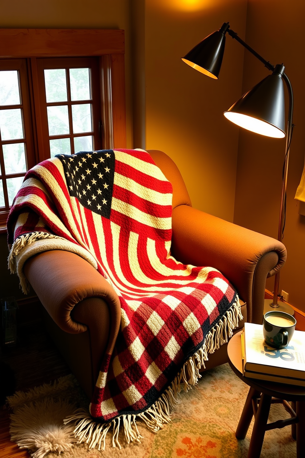 A cozy reading nook featuring a soft throw blanket with an American flag print draped over a plush armchair. The nook is illuminated by a warm floor lamp, with a small side table holding a stack of books and a steaming cup of coffee.