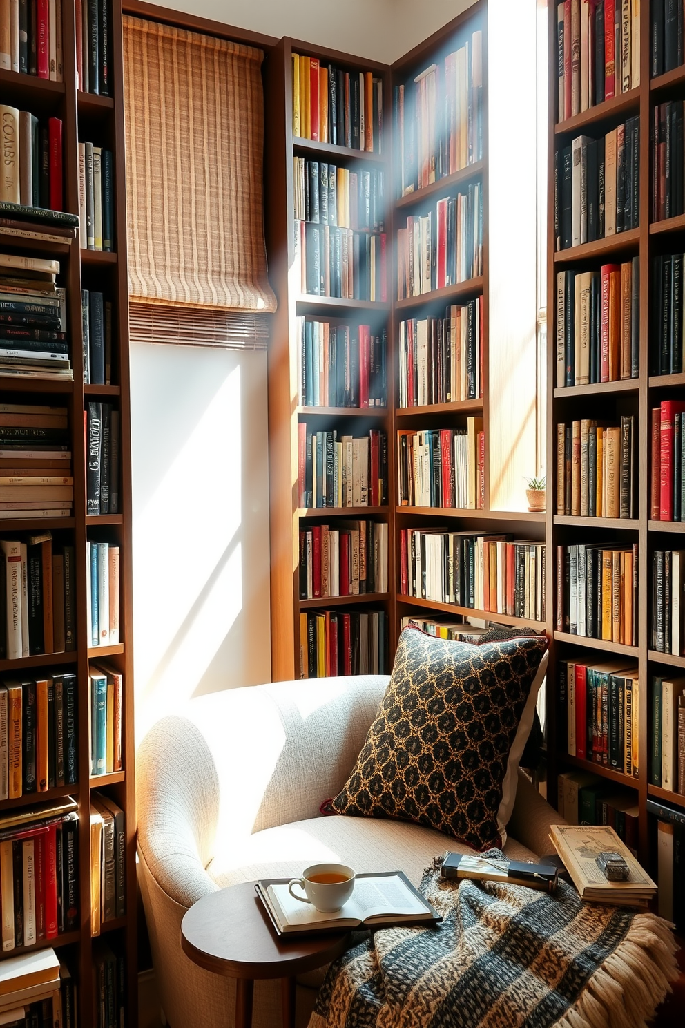 A cozy reading nook adorned with seasonal scented candles creating a warm ambiance. Plush cushions in patriotic colors are scattered across a comfortable armchair, inviting relaxation and reflection. A small side table holds an array of candles in various sizes, each emitting delightful fragrances that enhance the atmosphere. Soft, natural light filters through a nearby window, illuminating the space and highlighting the decor.