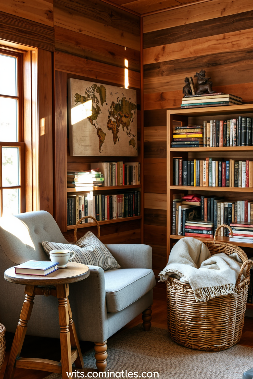 A cozy reading nook featuring rustic wood accents that create a warm and inviting atmosphere. A comfortable armchair is positioned next to a wooden side table, adorned with a stack of books and a steaming cup of tea. The walls are lined with bookshelves made of reclaimed wood, filled with an assortment of novels and decorative items. Soft, natural light filters in through a nearby window, illuminating a woven basket filled with cozy blankets.