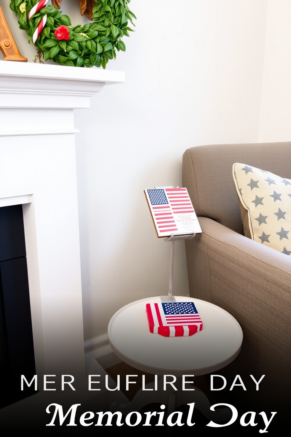 A cozy reading nook featuring a small side table adorned with American flag coasters. The table is positioned next to a comfortable armchair, creating an inviting space for relaxation and reflection on Memorial Day.