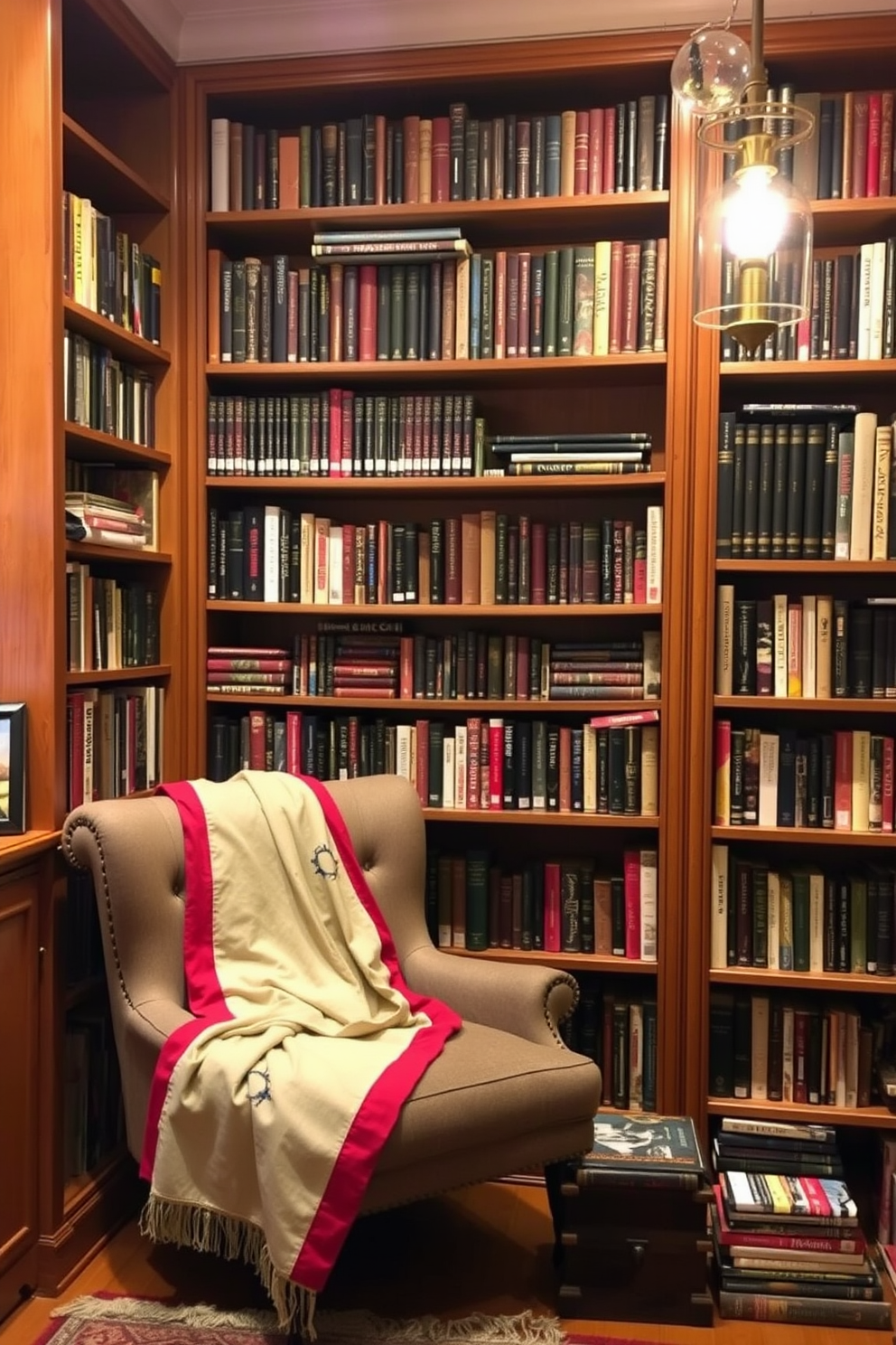 A cozy reading nook featuring a vintage trunk that serves both as storage and seating. The nook is adorned with soft cushions in warm tones and a plush throw blanket draped over the trunk. Natural light streams in from a nearby window, illuminating a small bookshelf filled with classic novels. A potted plant sits on a side table, adding a touch of greenery to the inviting space.