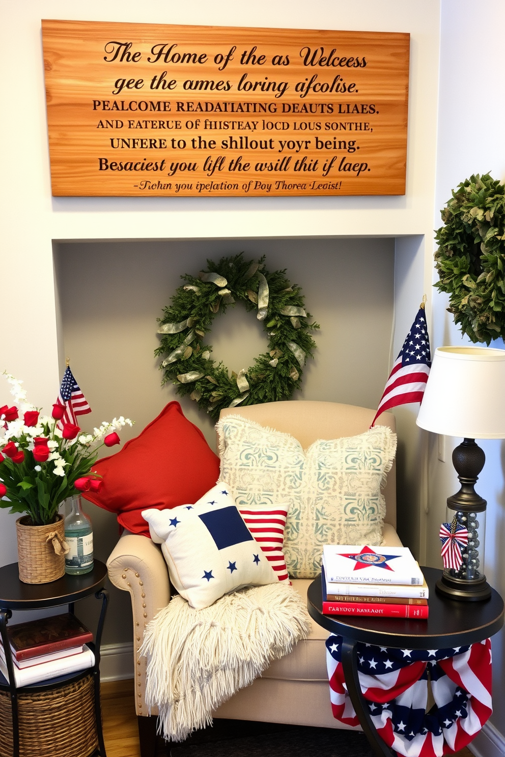 Artisan crafted wooden sign with inspirational quotes. The sign is elegantly displayed above a cozy reading nook filled with plush cushions and soft throws. Memorial Day themed reading nook decorated with red white and blue accents. The space features a comfortable armchair surrounded by patriotic decor and a small side table holding a stack of books.