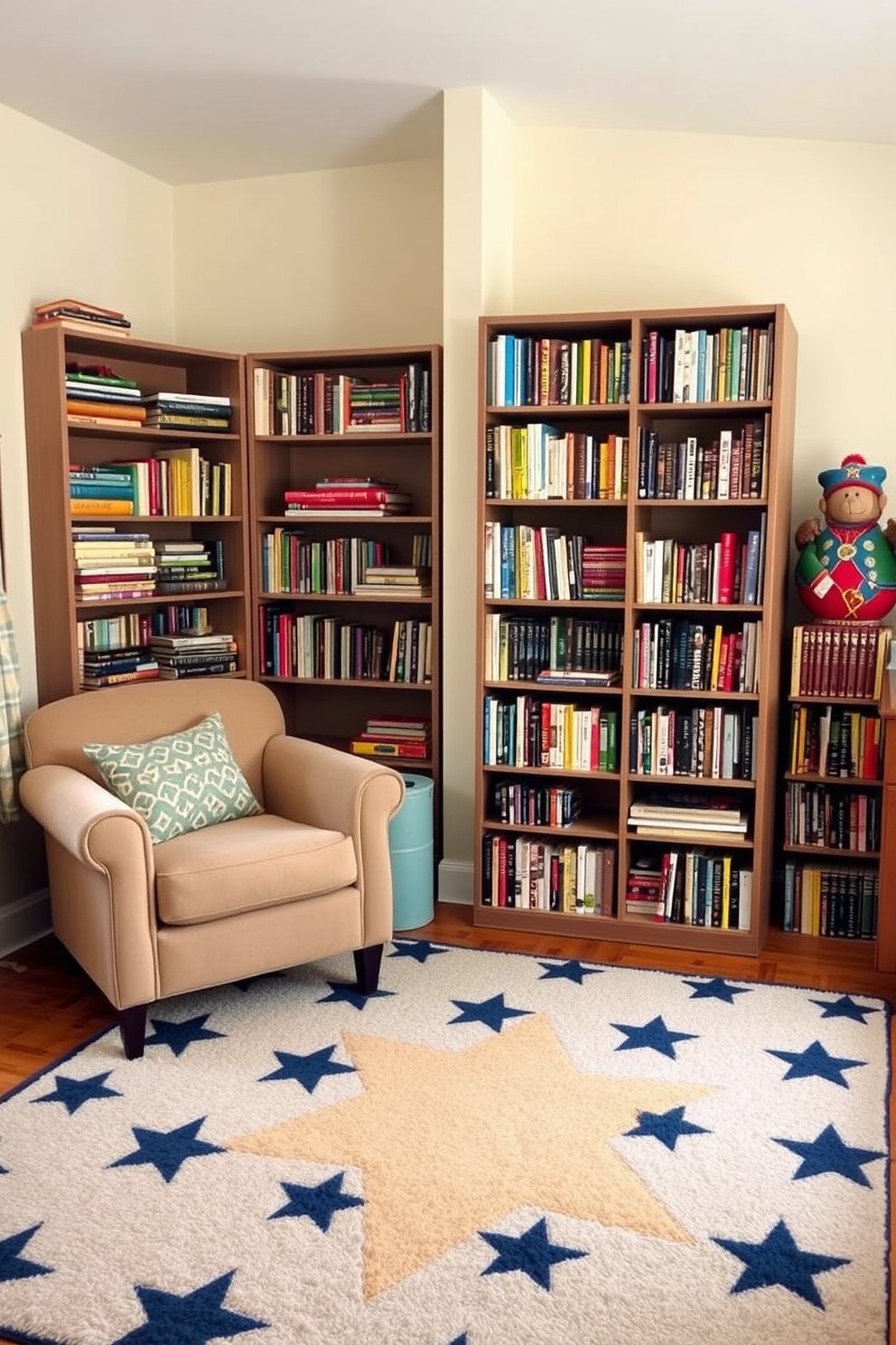 Create a cozy reading nook inspired by nautical themes. Incorporate blue and white striped cushions on a comfortable armchair, with a small side table made of reclaimed wood. Adorn the walls with framed maritime artwork and a decorative ship wheel. Use a soft, sandy-colored throw blanket draped over the armchair for added texture and warmth.