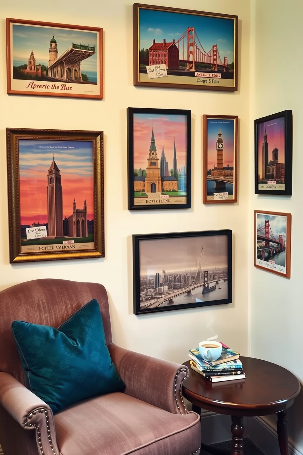 A cozy reading nook adorned with framed vintage postcards showcasing iconic American landmarks. The walls are painted in a soft cream color, and a plush armchair sits beside a small wooden side table piled with books and a steaming cup of coffee.