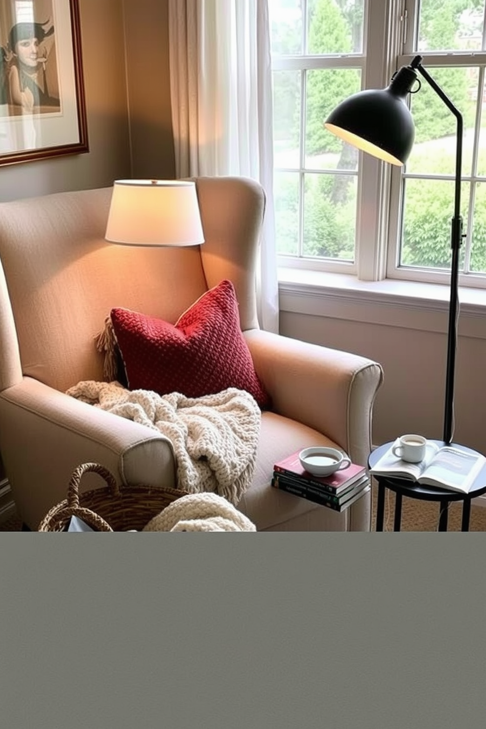 A cozy reading nook adorned with hanging string lights creates a soft and inviting ambiance. Plush cushions in shades of blue and white are arranged on a comfortable armchair, accompanied by a small side table holding a stack of books and a warm cup of tea. The walls are painted in a light pastel color, enhancing the tranquility of the space. A woven rug lies beneath the chair, adding texture and warmth to the setting, perfect for a Memorial Day retreat.