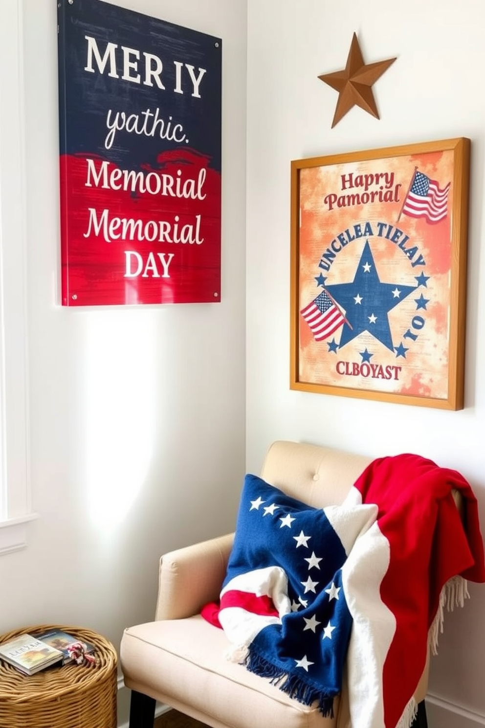 A cozy reading nook featuring a large bookcase filled with red, white, and blue books. The space is adorned with comfortable seating and patriotic-themed decor to celebrate Memorial Day.