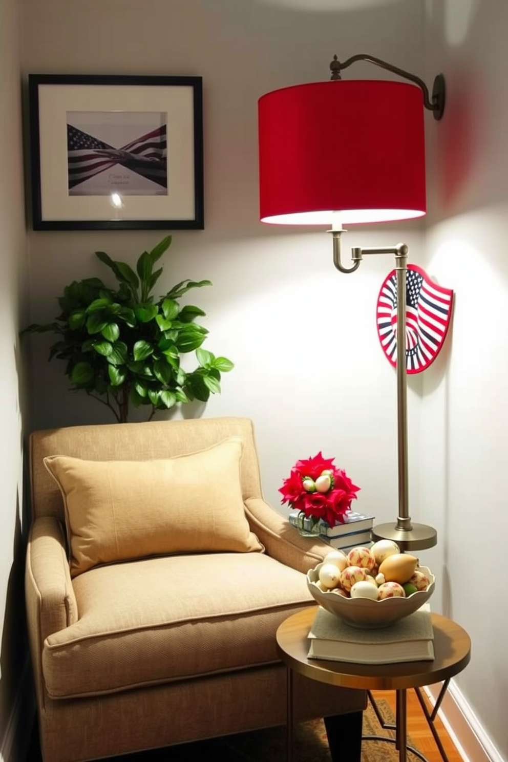 A cozy reading nook featuring patriotic themed artwork on the walls. The space is adorned with a comfortable armchair and a small side table, perfect for holding a cup of coffee and a book. Red, white, and blue accents are incorporated through cushions and a throw blanket. A small bookshelf filled with patriotic literature adds a charming touch to the decor.