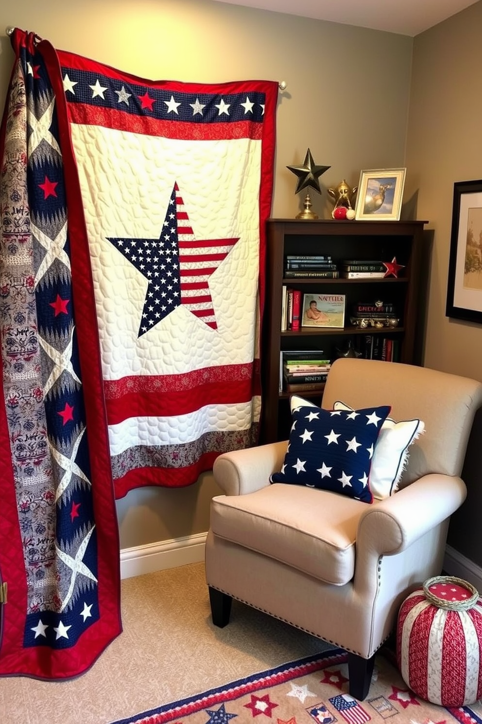 A cozy reading nook adorned with a quilt featuring a stars and stripes design. The nook includes a comfortable armchair positioned next to a small bookshelf filled with patriotic-themed books and decorative items.