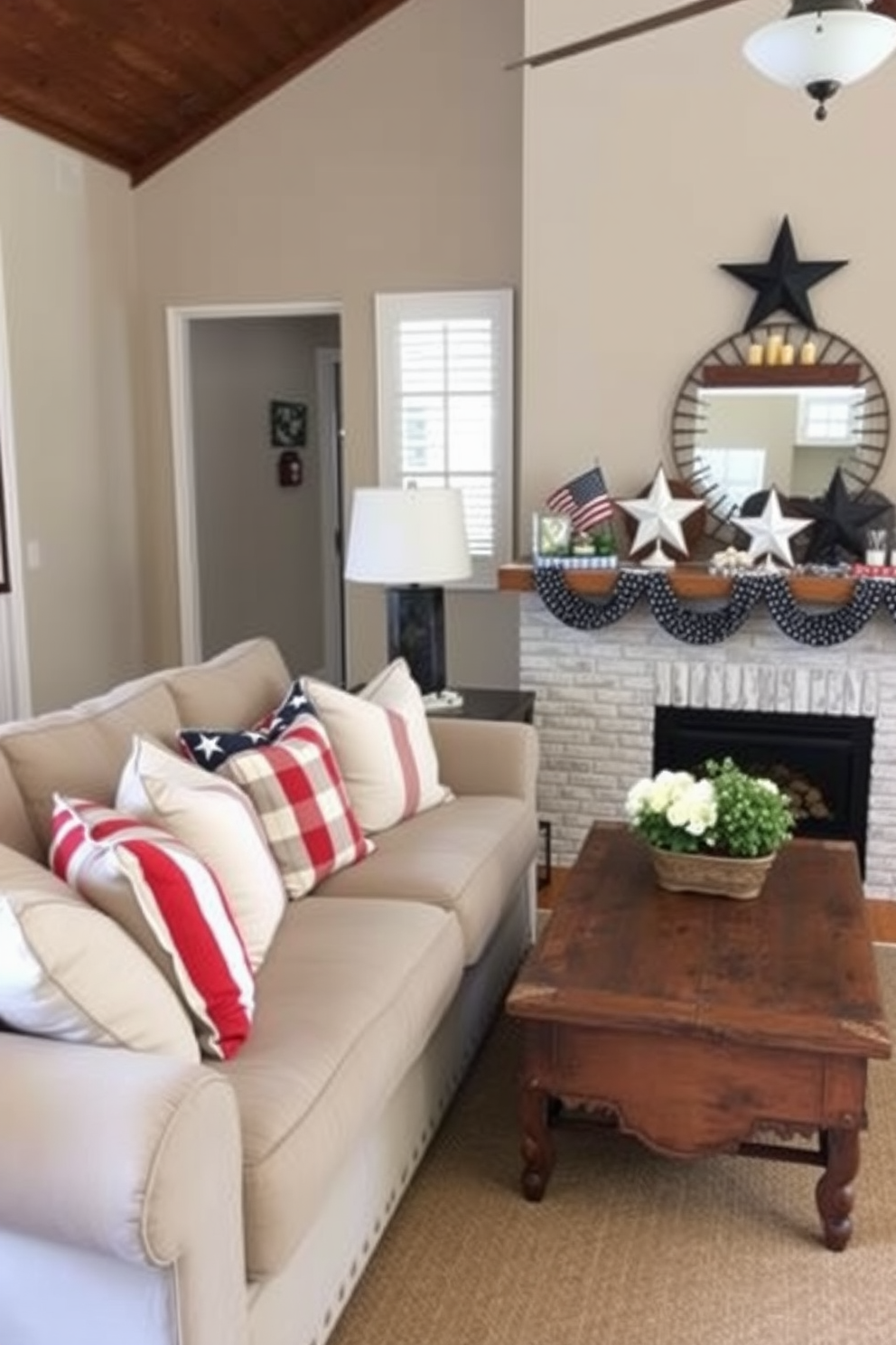 A cozy small living room decorated for Memorial Day features a neutral sofa adorned with red white and blue throw pillows. The space is enhanced with a rustic coffee table and a festive arrangement of patriotic decor on the mantelpiece.