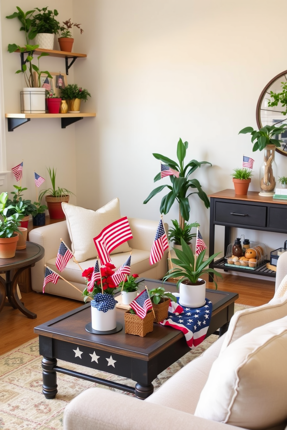 Cozy blankets in flag patterns are draped over a plush sofa in a small living room. The space is accented with red, white, and blue throw pillows, creating a festive atmosphere for Memorial Day. A rustic coffee table sits in front of the sofa, adorned with a few decorative candles and a small potted plant. The walls are painted in a soft beige, enhancing the warmth and inviting nature of the room.