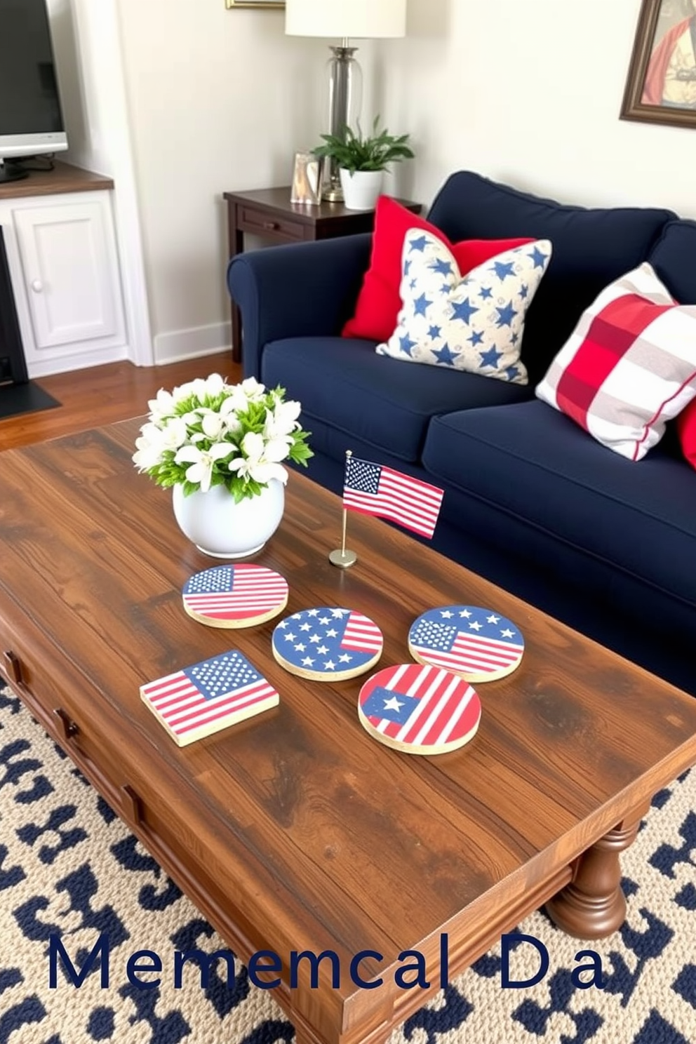 Themed coasters featuring stars and stripes are arranged on a rustic wooden coffee table in a cozy small living room. The decor includes a navy blue sofa adorned with red and white throw pillows, complementing the festive atmosphere for Memorial Day.