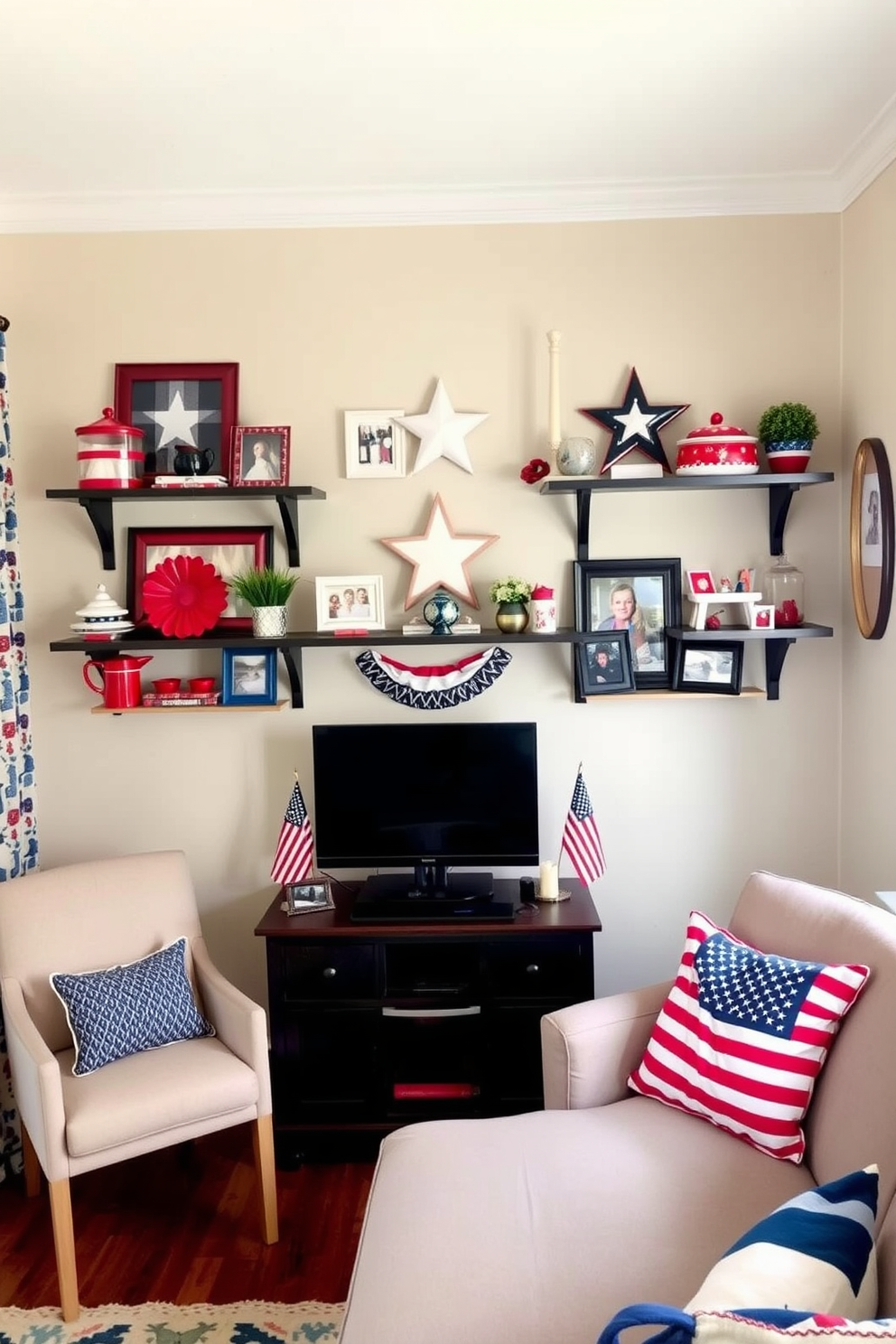 A cozy small living room features wall-mounted shelves adorned with patriotic decor. The shelves display red white and blue accents along with framed photographs and small flags creating a festive atmosphere for Memorial Day.