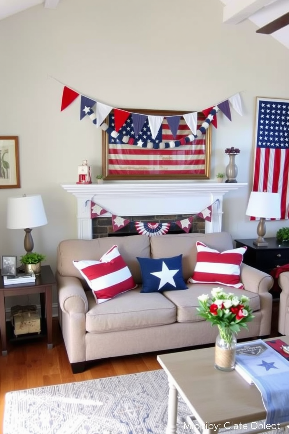 A small living room decorated for Memorial Day features colorful bunting draped elegantly across the mantel. The cozy space includes patriotic accents like red white and blue throw pillows on a neutral sofa and a vintage American flag displayed on the wall.