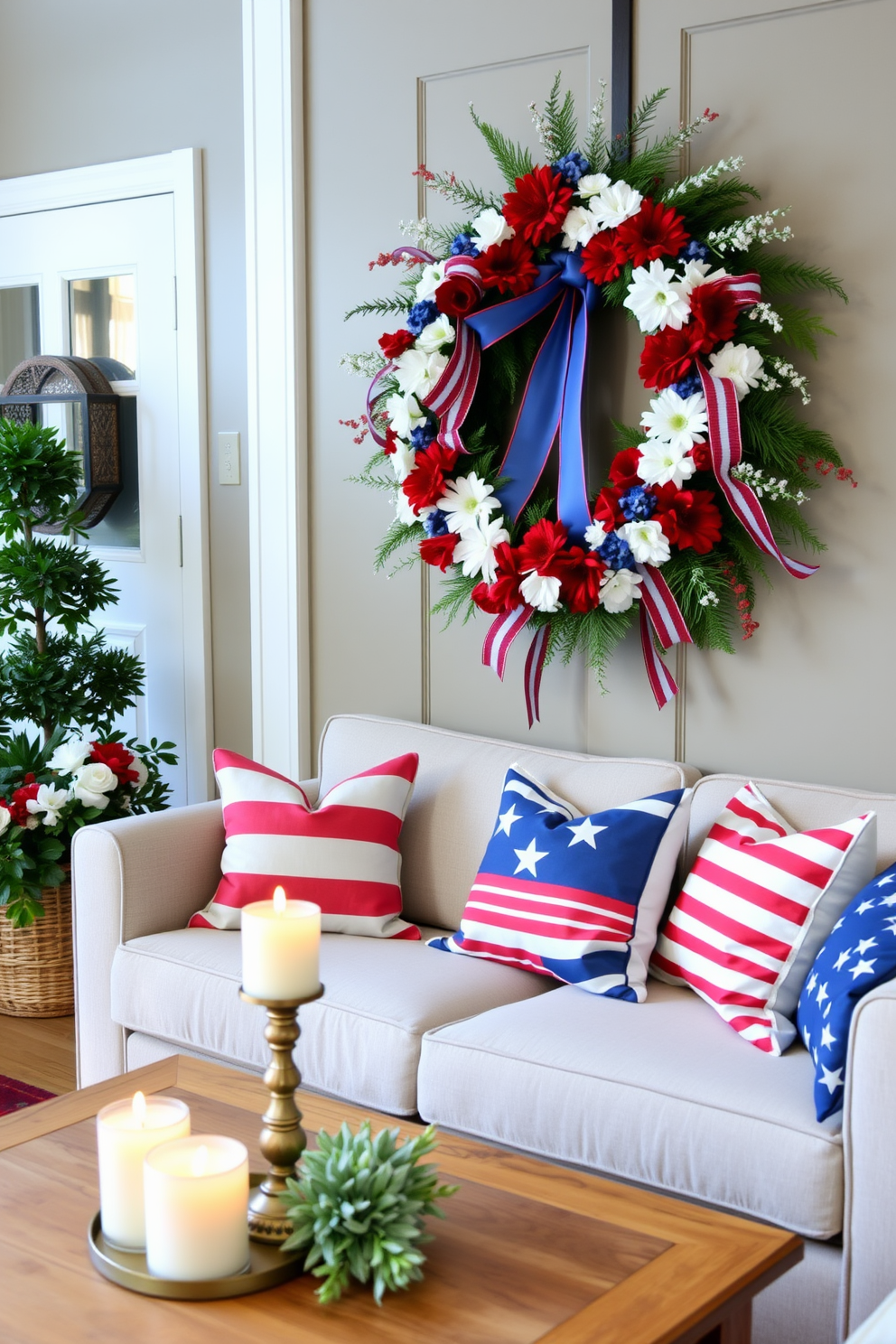 A charming seasonal wreath adorns the front door, featuring red white and blue flowers and ribbons to celebrate Memorial Day. The small living room is styled with patriotic throw pillows on a cozy sofa and a tasteful arrangement of candles on the coffee table.