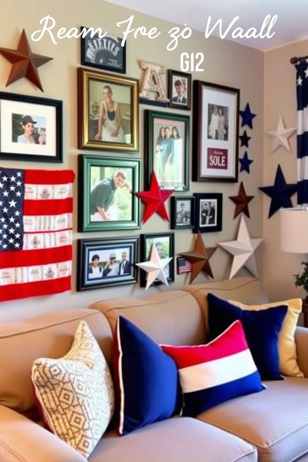 Create a patriotic themed photo gallery wall in a small living room. The wall features a combination of framed photographs, vintage American flags, and decorative stars in red, white, and blue hues.