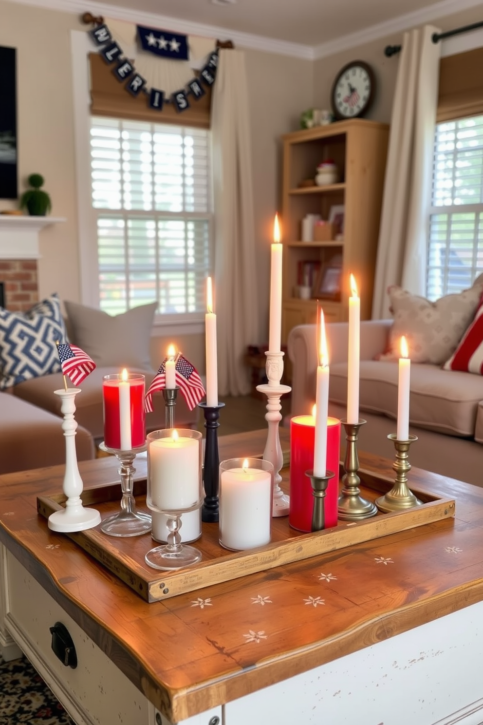 A cozy small living room decorated for Memorial Day features a collection of red white and blue themed candles arranged on a rustic wooden coffee table. The candles vary in height and style, creating a warm and inviting atmosphere with soft flickering light.