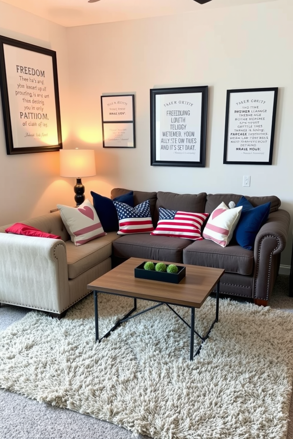 A cozy small living room adorned with potted plants in vibrant red, white, and blue pots. The plants are strategically placed around the room to create a festive atmosphere for Memorial Day celebrations.