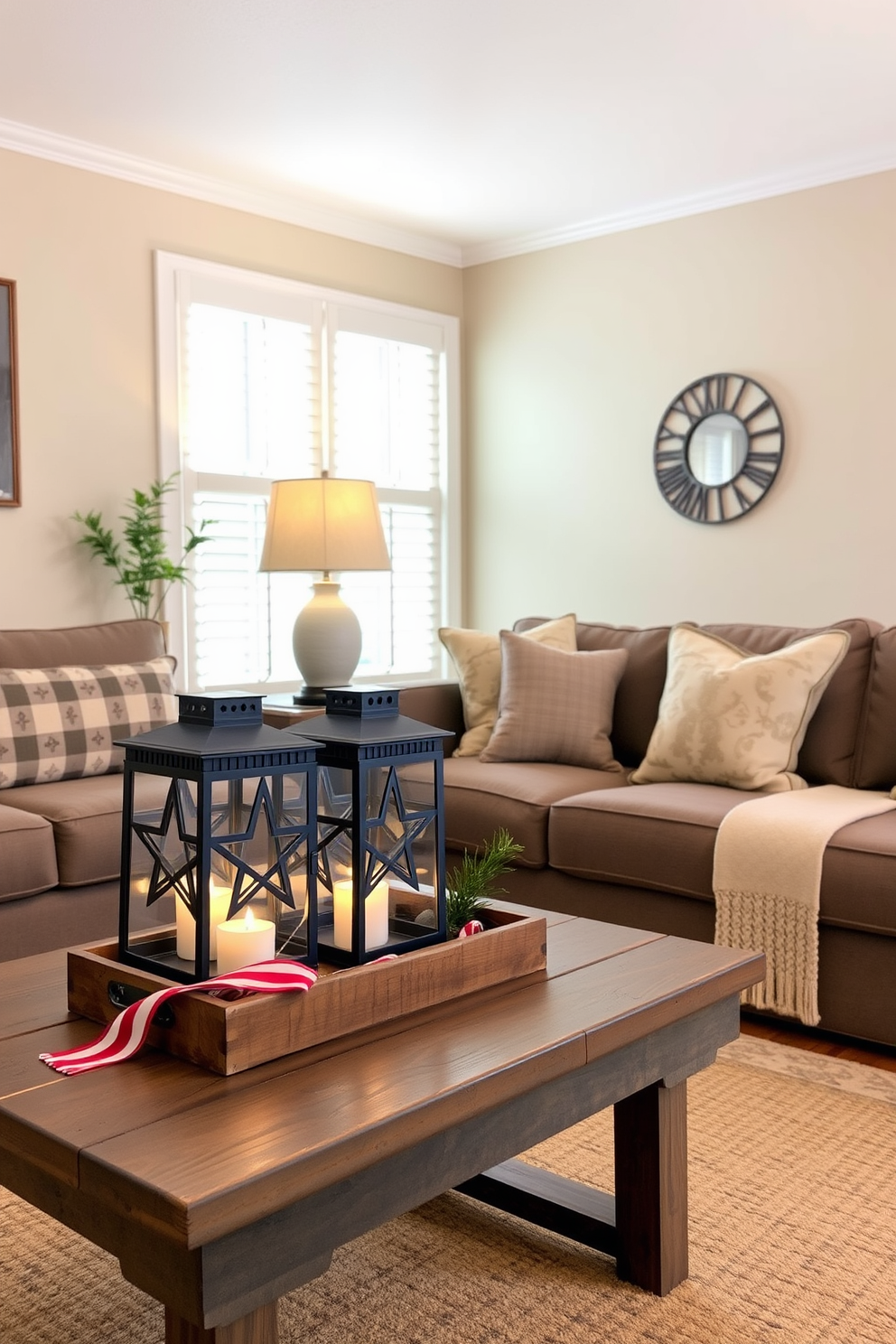 A cozy small living room features a warm color palette with soft lighting. Tabletop lanterns adorned with intricate star designs are placed on a rustic coffee table, creating a festive atmosphere for Memorial Day celebrations.