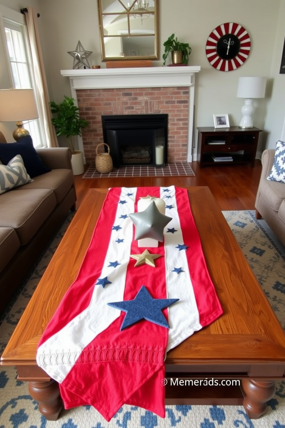 A patriotic table runner is elegantly draped over a modern coffee table in a cozy small living room. The table is adorned with red white and blue accents including candles and decorative stars to celebrate Memorial Day.