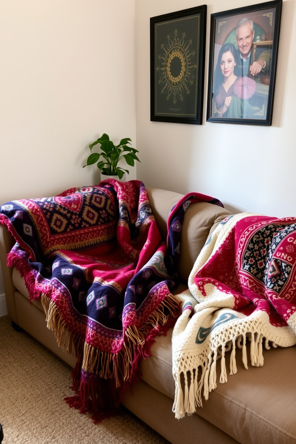 A cozy small living room adorned with decorative throw blankets draped over a plush sofa. The blankets feature a mix of vibrant colors and patterns, adding warmth and personality to the space.