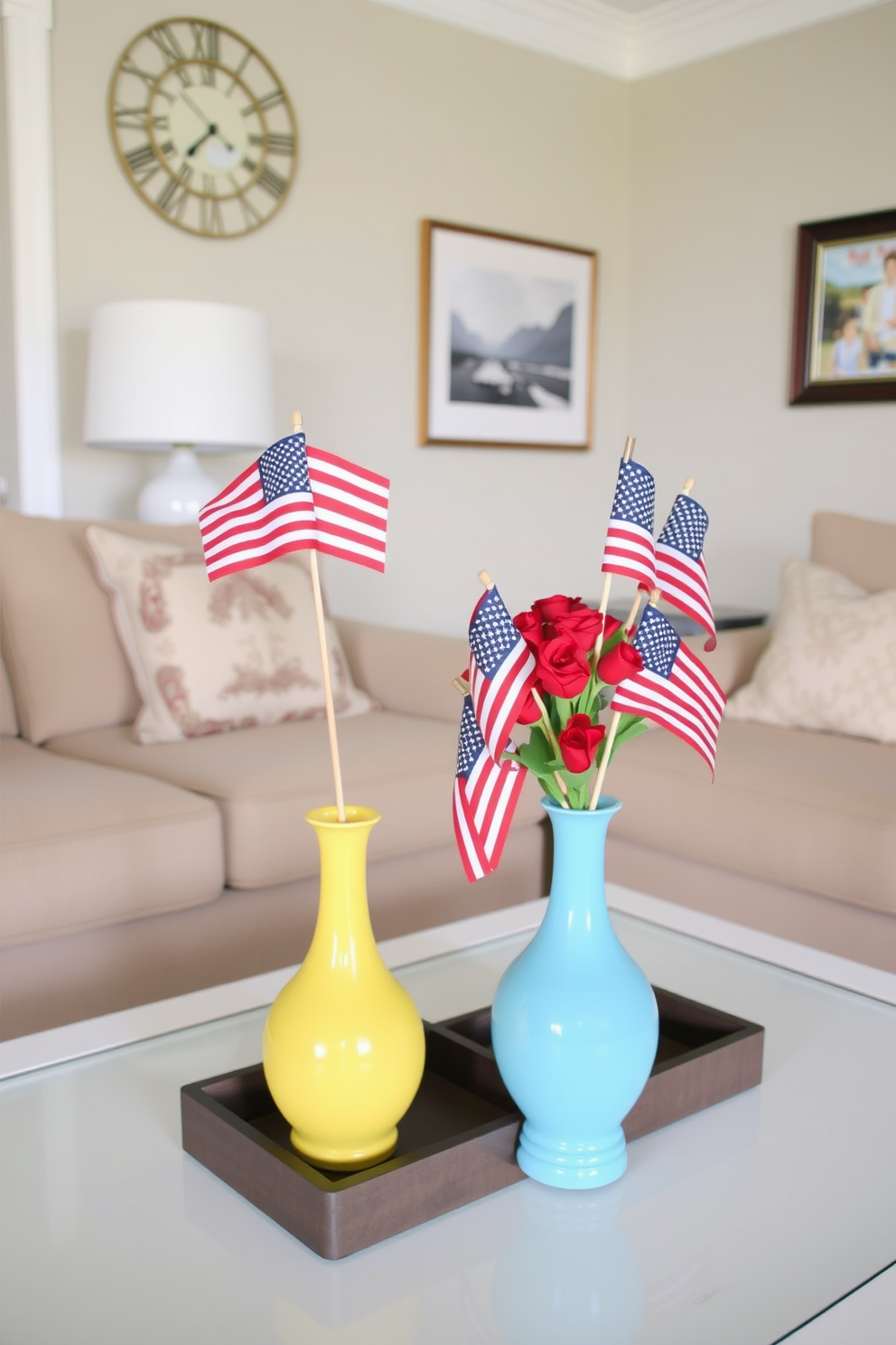 Miniature flags in decorative vases create a festive atmosphere for Memorial Day. The small living room is adorned with a cozy seating arrangement and a coffee table that showcases these vibrant vases.