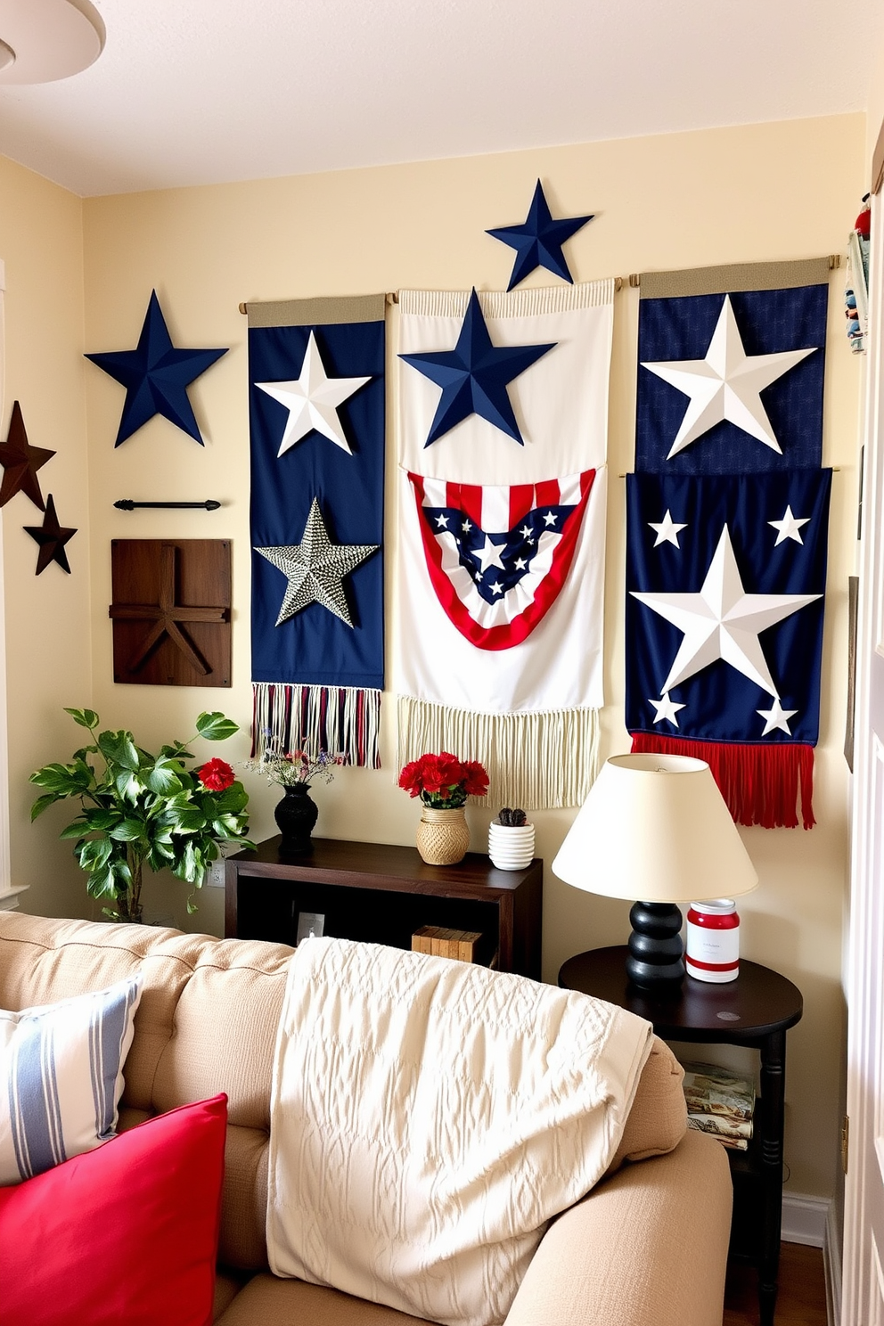 Festive wall hangings adorned with stars create a cheerful atmosphere in a small living room. The decorations include a mix of red white and blue colors to celebrate Memorial Day while maintaining a cozy and inviting feel.