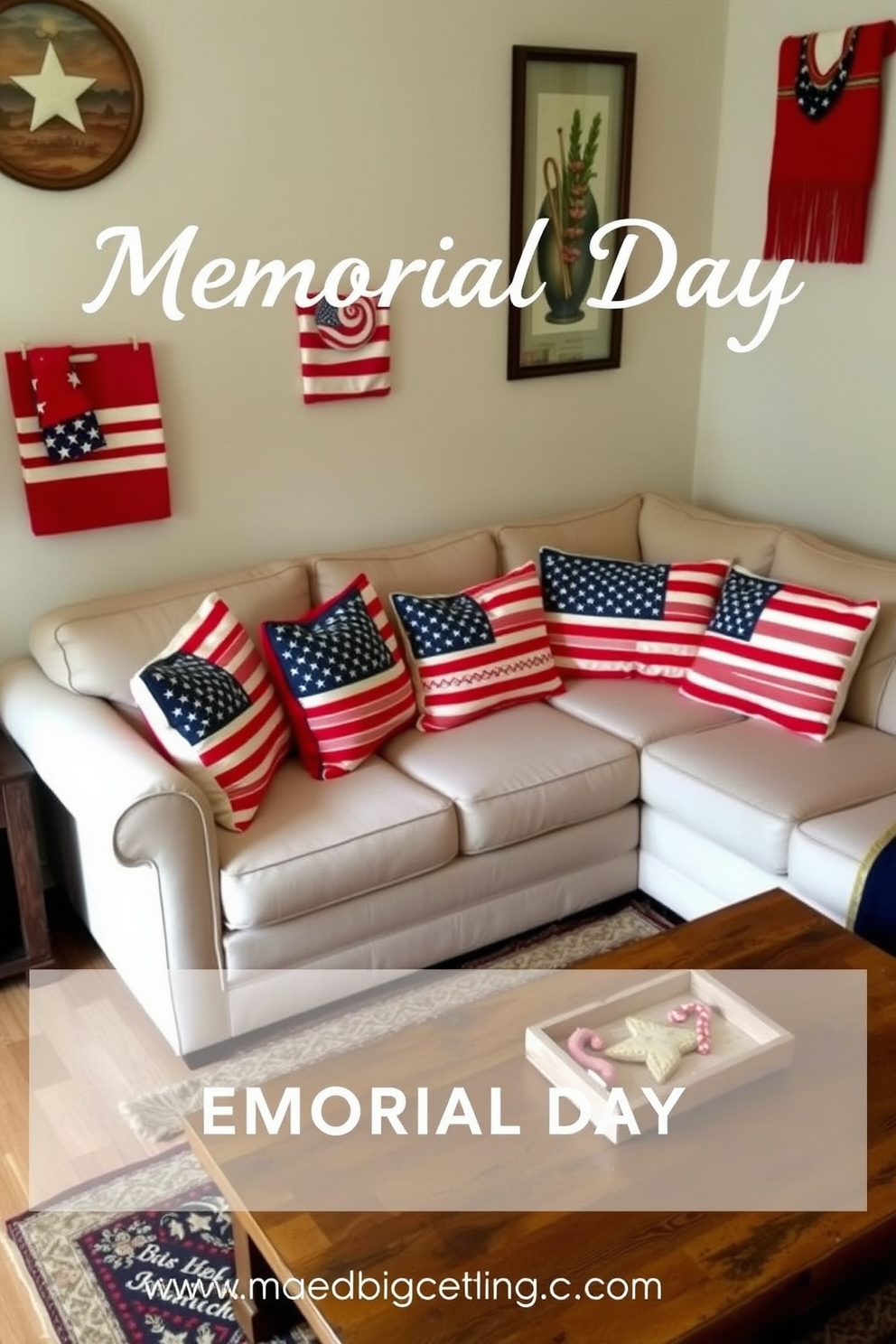 Cushions adorned with American flag motifs are arranged on a cozy sectional sofa in a small living room. The space is accented with red, white, and blue throw blankets and a rustic coffee table, creating a festive and inviting atmosphere for Memorial Day celebrations.