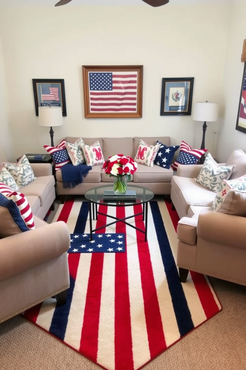 Create a cozy small living room that features chairs adorned with patriotic themed cushions in red white and blue. The room is decorated with subtle Memorial Day accents including a small flag display and seasonal decor on the coffee table.