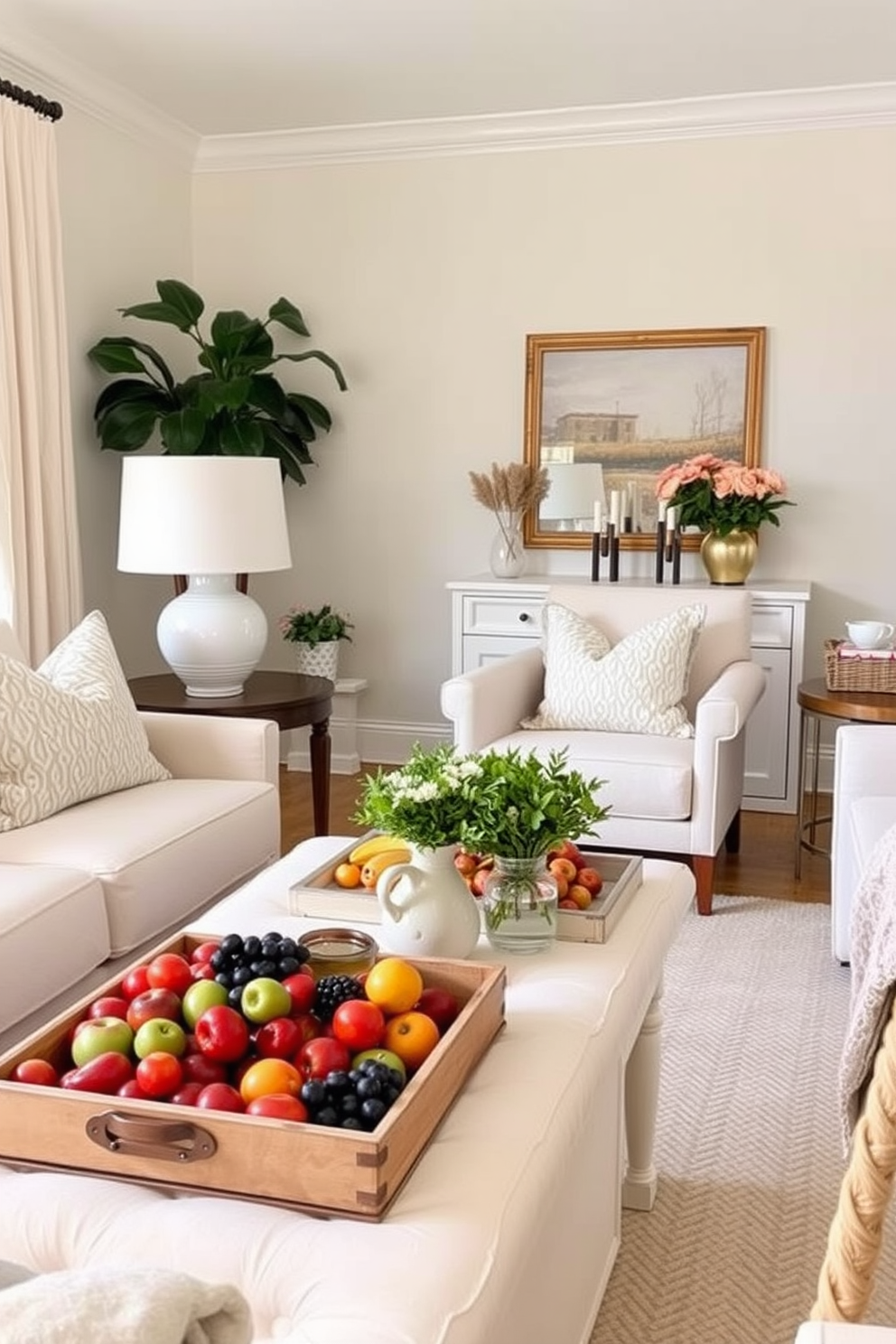 A cozy small living room that features decorative trays filled with vibrant summer fruits. The space is adorned with light-colored furniture and soft textiles, creating an inviting atmosphere for Memorial Day celebrations.