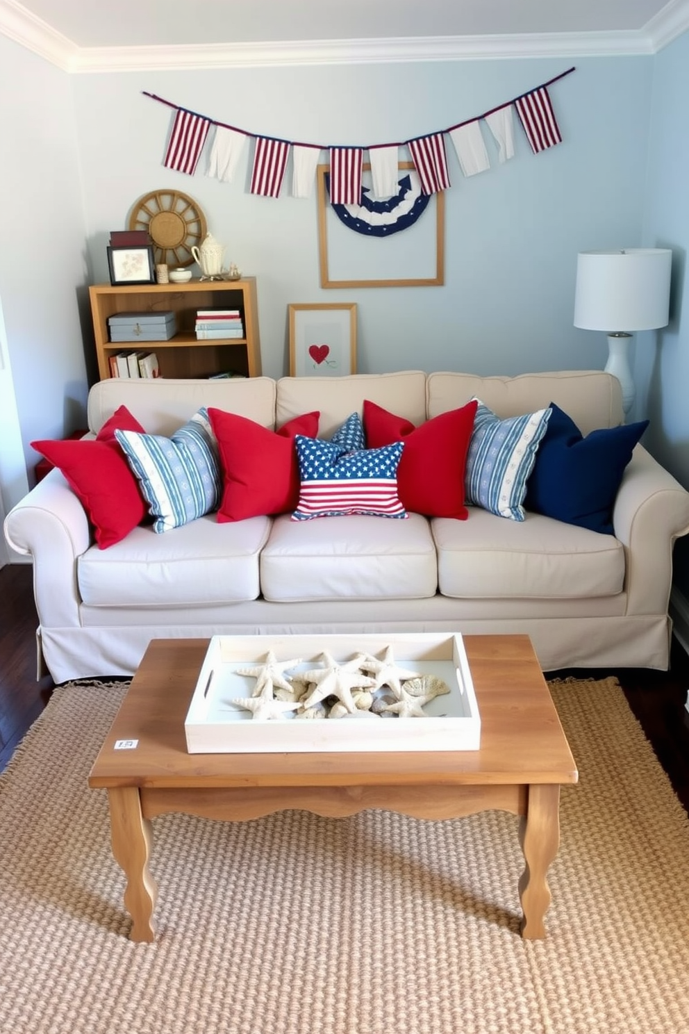 A cozy small living room adorned with red white and blue themed candle holders. The candle holders are arranged on a rustic wooden coffee table, creating a festive atmosphere for Memorial Day celebrations.