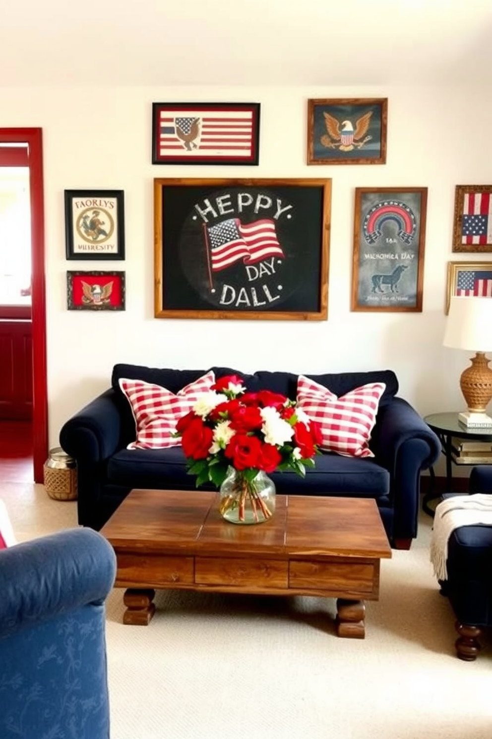 A cozy small living room adorned with red, white, and blue themed artwork that celebrates Memorial Day. The walls are painted in a soft white, providing a bright backdrop for the vibrant artwork that features patriotic motifs. A plush navy sofa is accented with red and white throw pillows, creating a comfortable and inviting atmosphere. A rustic coffee table sits in the center, decorated with a bouquet of red and white flowers in a glass vase, enhancing the festive theme.