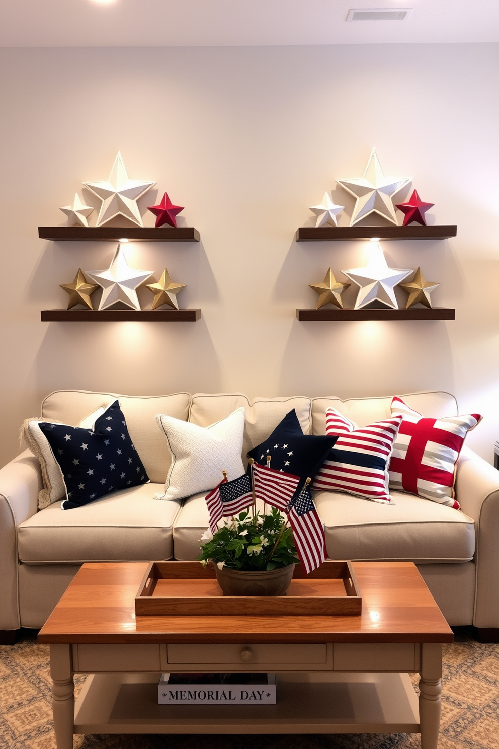 Star shaped decorative accents are arranged on floating shelves in a cozy small living room. The accents are complemented by soft lighting that enhances the warm atmosphere of the space. For Memorial Day, the living room features a tasteful arrangement of red, white, and blue throw pillows on a neutral-toned sofa. A small coffee table is adorned with a festive centerpiece, incorporating stars and stripes to celebrate the occasion.