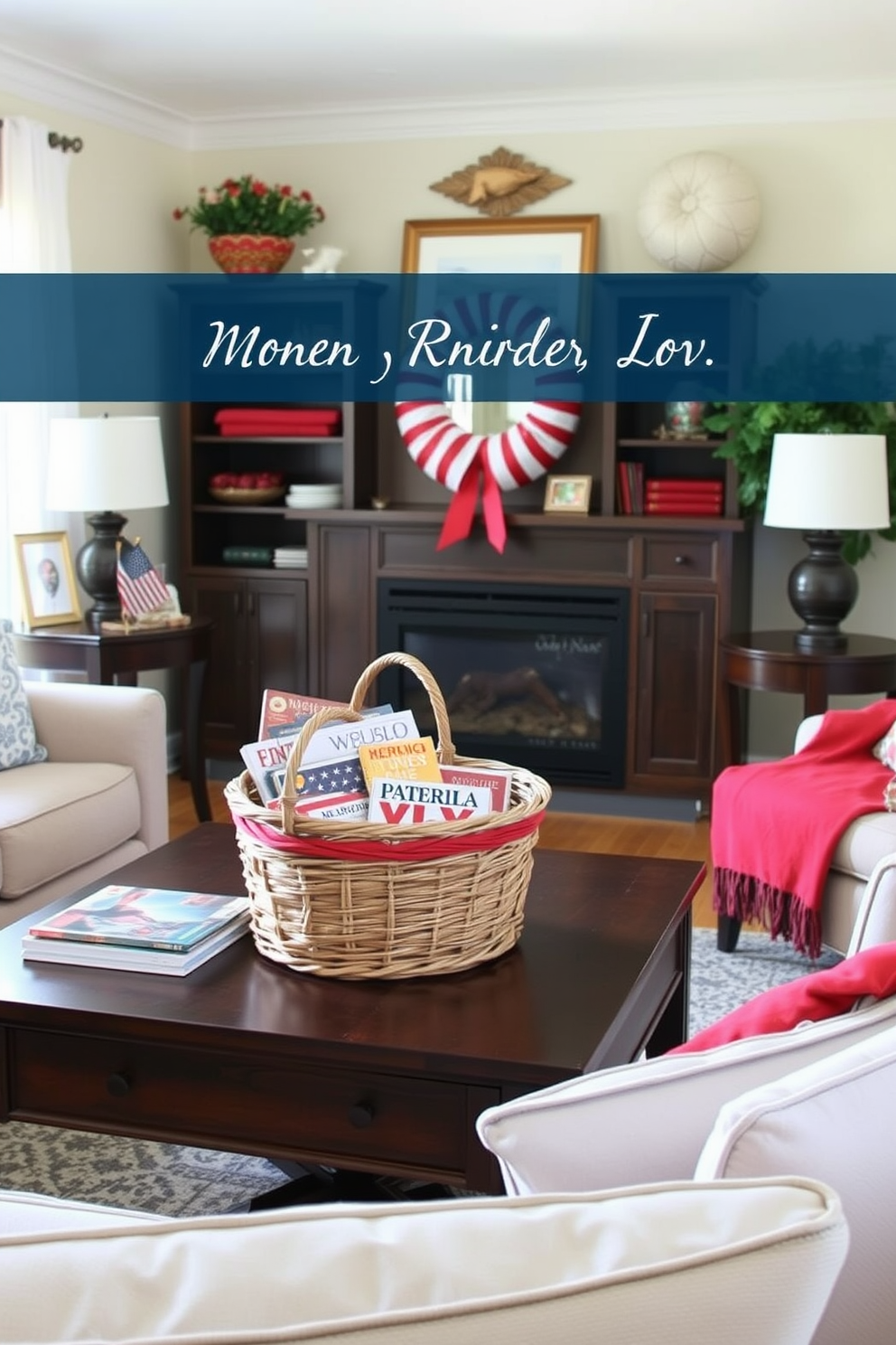 A cozy small living room decorated for Memorial Day. A patriotic basket filled with seasonal magazines sits on a coffee table surrounded by comfortable seating and festive red white and blue accents.