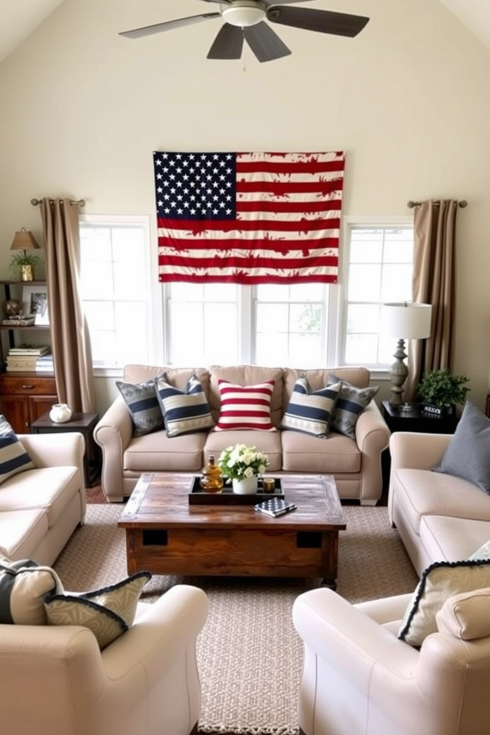 Star shaped decorative accents are arranged on floating shelves in a cozy small living room. The shelves are painted in a soft white color, complementing the warm beige walls and providing a striking contrast to the star decorations. For Memorial Day, the living room features a tasteful arrangement of red, white, and blue throw pillows on a plush sofa. A small coffee table is adorned with a festive centerpiece, including miniature flags and a decorative bowl filled with seasonal flowers.