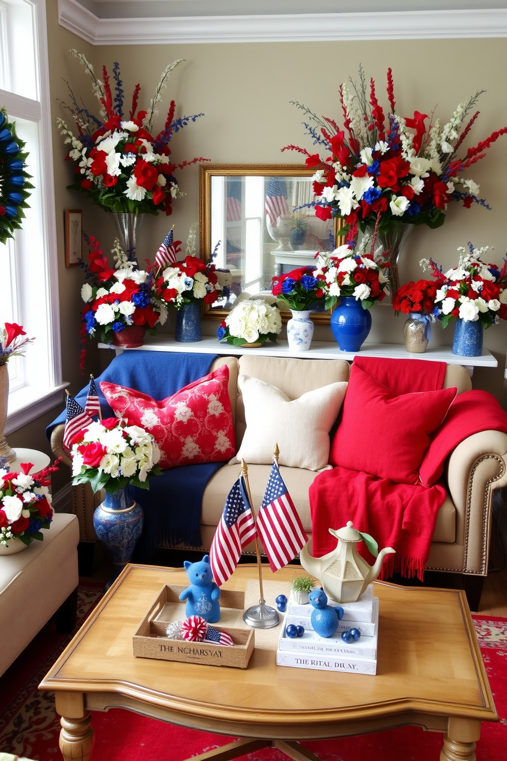 Festive floral arrangements in red white and blue fill a small living room, creating a vibrant and patriotic atmosphere. The arrangement features fresh flowers in a variety of heights, complemented by decorative vases and seasonal accents. Cushions and throws in matching colors adorn the sofa, enhancing the festive theme. A coffee table is decorated with a small flag centerpiece and additional floral touches, inviting warmth and celebration.