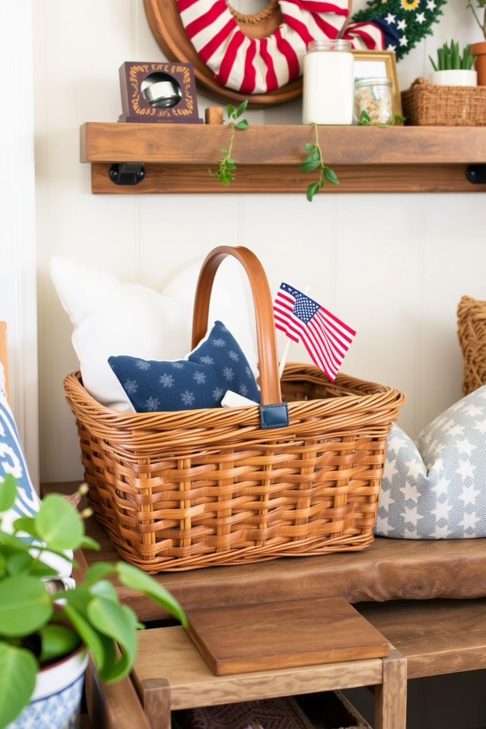 A vintage picnic basket is used as a charming storage solution in a cozy small living room. It sits on a rustic wooden shelf alongside decorative pillows and a small potted plant, creating a warm and inviting atmosphere for Memorial Day celebrations.