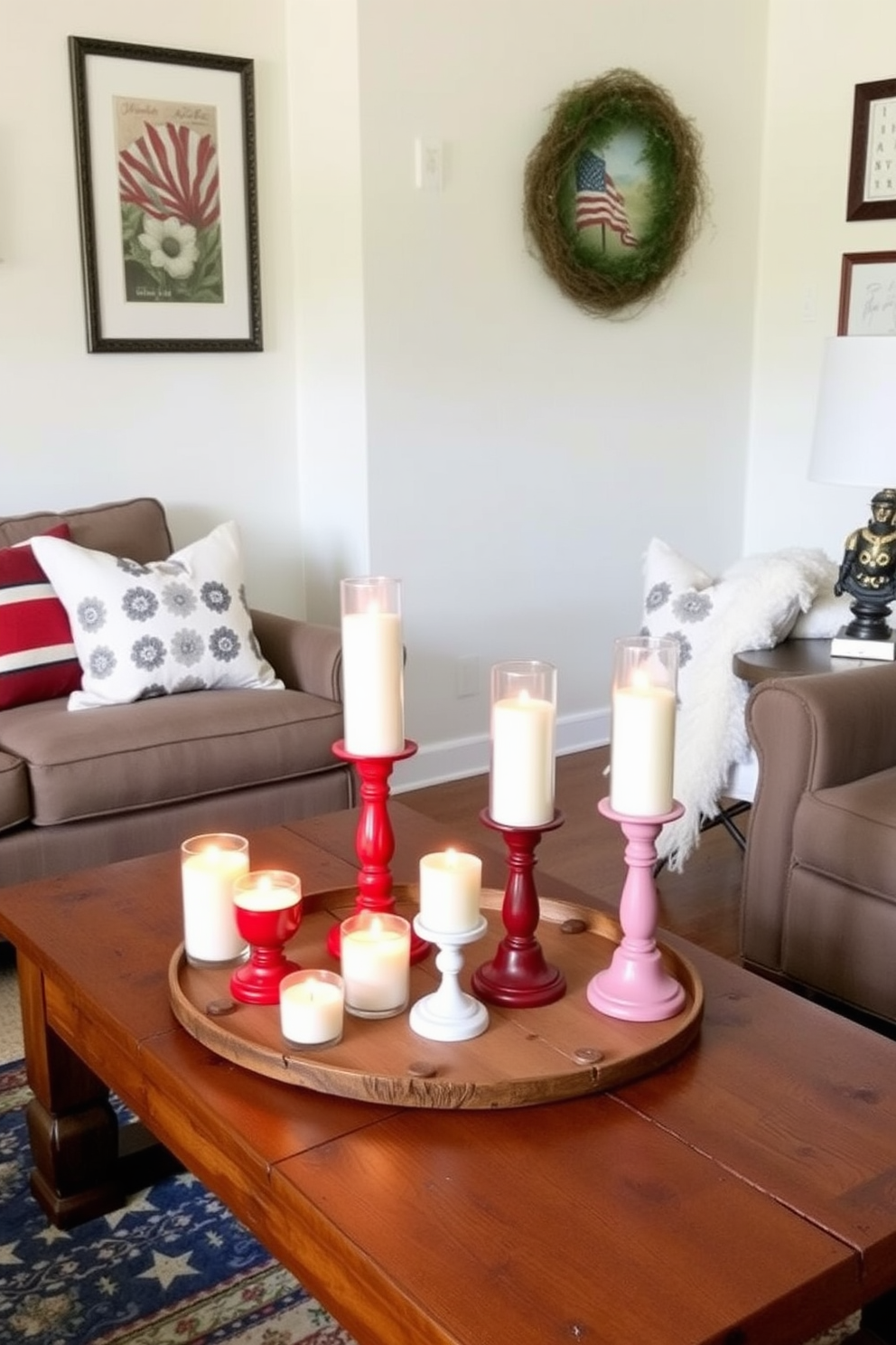 A cozy small living room decorated for Memorial Day features candle holders in red, white, and blue colors arranged on a rustic wooden coffee table. The walls are adorned with subtle patriotic-themed artwork, creating a warm and inviting atmosphere for gatherings.