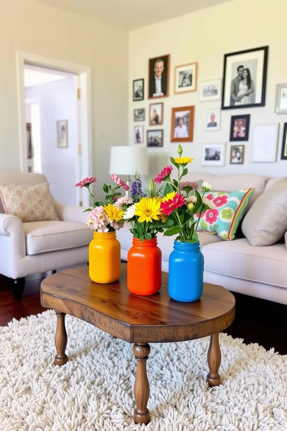 A cozy small living room adorned with DIY painted mason jars in vibrant colors. The jars are filled with fresh flowers and strategically placed on a rustic wooden coffee table, creating a charming focal point. Soft neutral tones dominate the room, complemented by a plush area rug that adds warmth. A comfortable sofa with colorful throw pillows invites relaxation, while a gallery wall showcases family photos and art pieces.