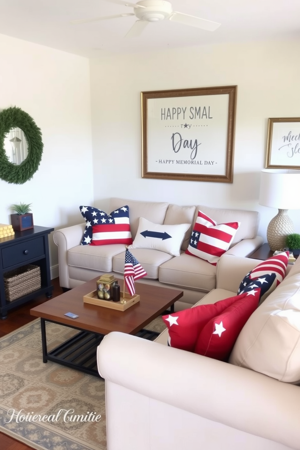 A charming display of mini American flags in elegant flower vases adds a festive touch to any room. The vases are arranged on a small table, surrounded by seasonal decorations that evoke the spirit of Memorial Day. In a cozy living space, utilize vertical shelving to showcase the flags alongside vibrant blooms. This creative small space decorating idea brings a sense of patriotism and warmth to your home.