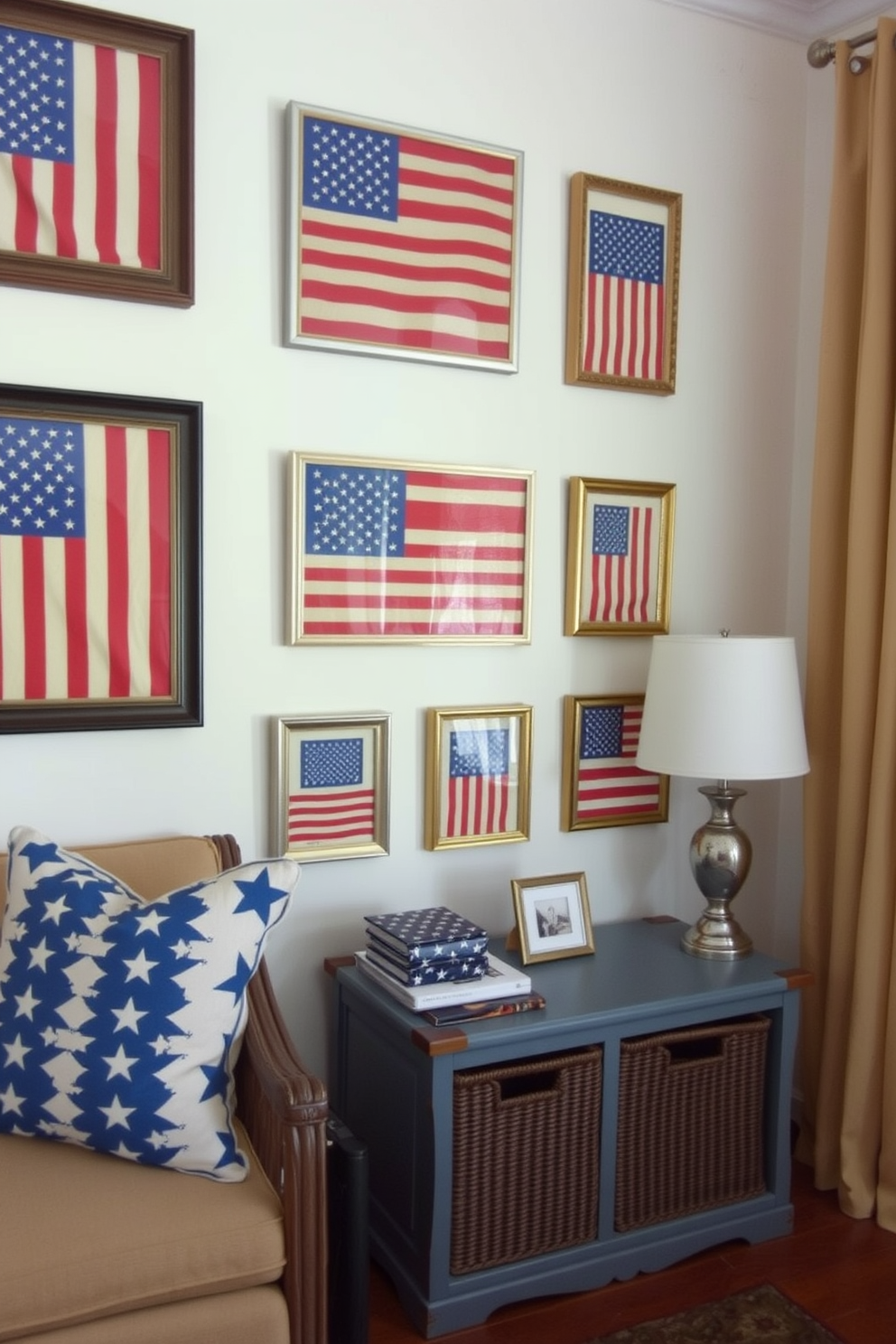 A charming display of vintage flags framed as art pieces adds a patriotic touch to the room. The flags are arranged in a gallery style on a light-colored wall, creating a focal point that celebrates Memorial Day. In a small space, utilize multifunctional furniture to maximize functionality and style. Incorporate decorative storage solutions that blend seamlessly with the overall decor while keeping the area organized and inviting.